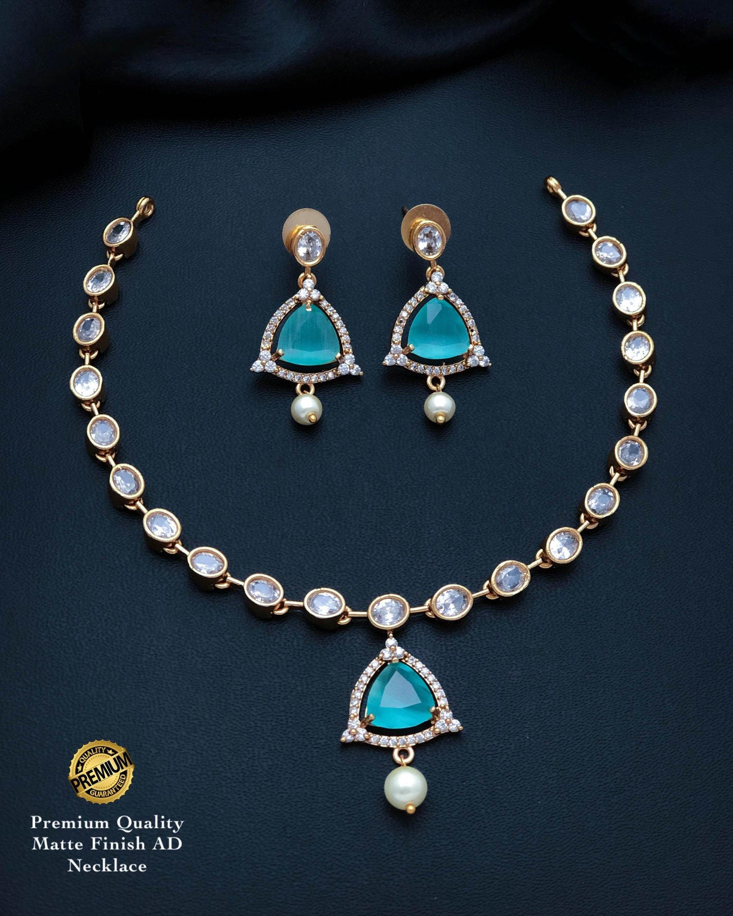 Matte Gold Finish AD Necklace Set with Triangular Stone & Pearl Drop| American Diamond Jewelry| Indian Wedding Choker| Gift for her