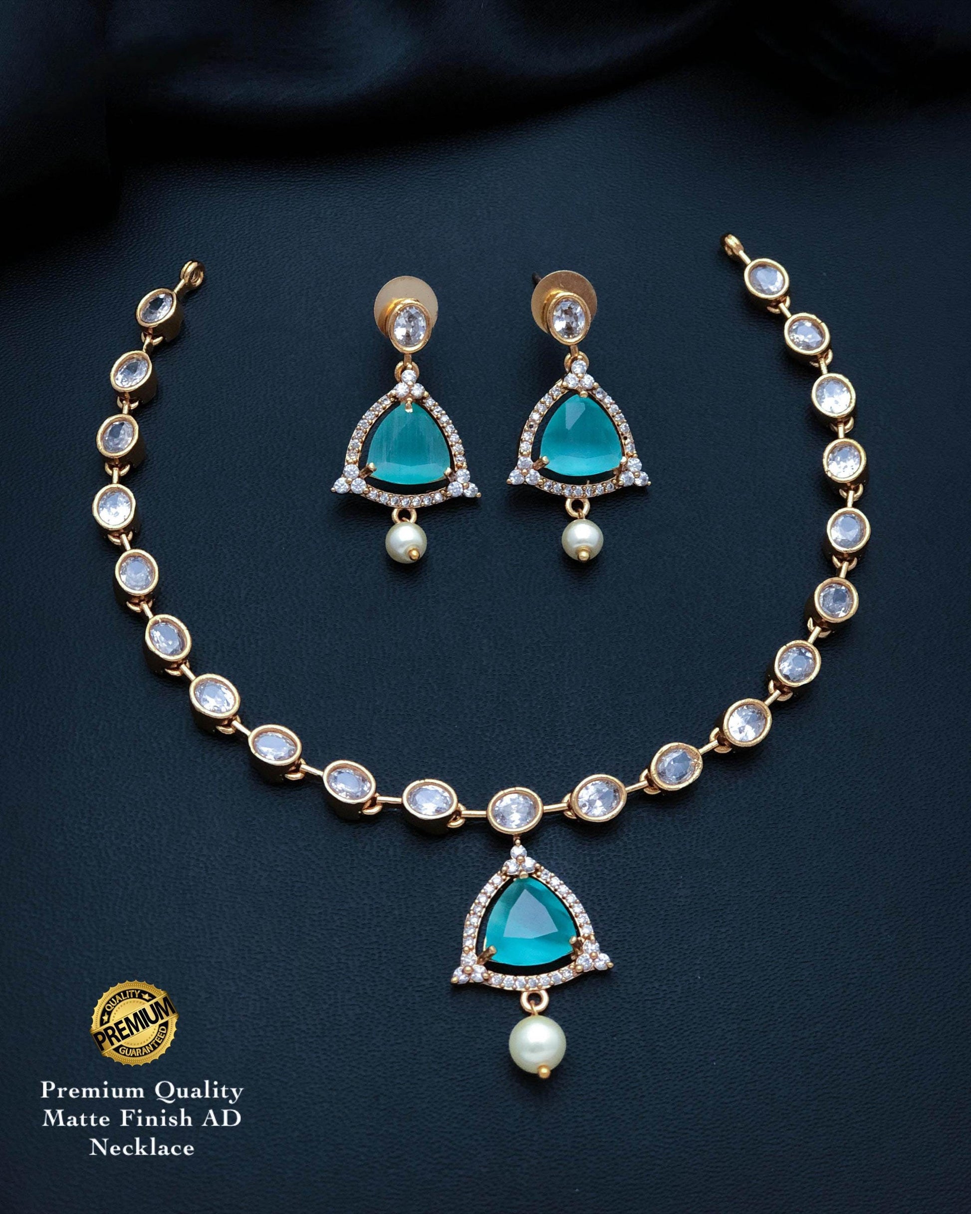 Matte Gold Finish AD Necklace Set with Triangular Stone & Pearl Drop| American Diamond Jewelry| Indian Wedding Choker| Gift for her