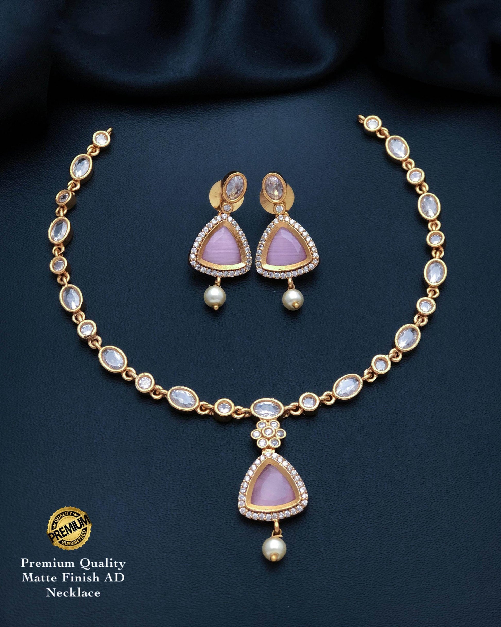 Matte Gold Finish AD Necklace Set with Triangular Stone & Pearl Drop| American Diamond Jewelry| Indian Wedding Choker| Gift for her