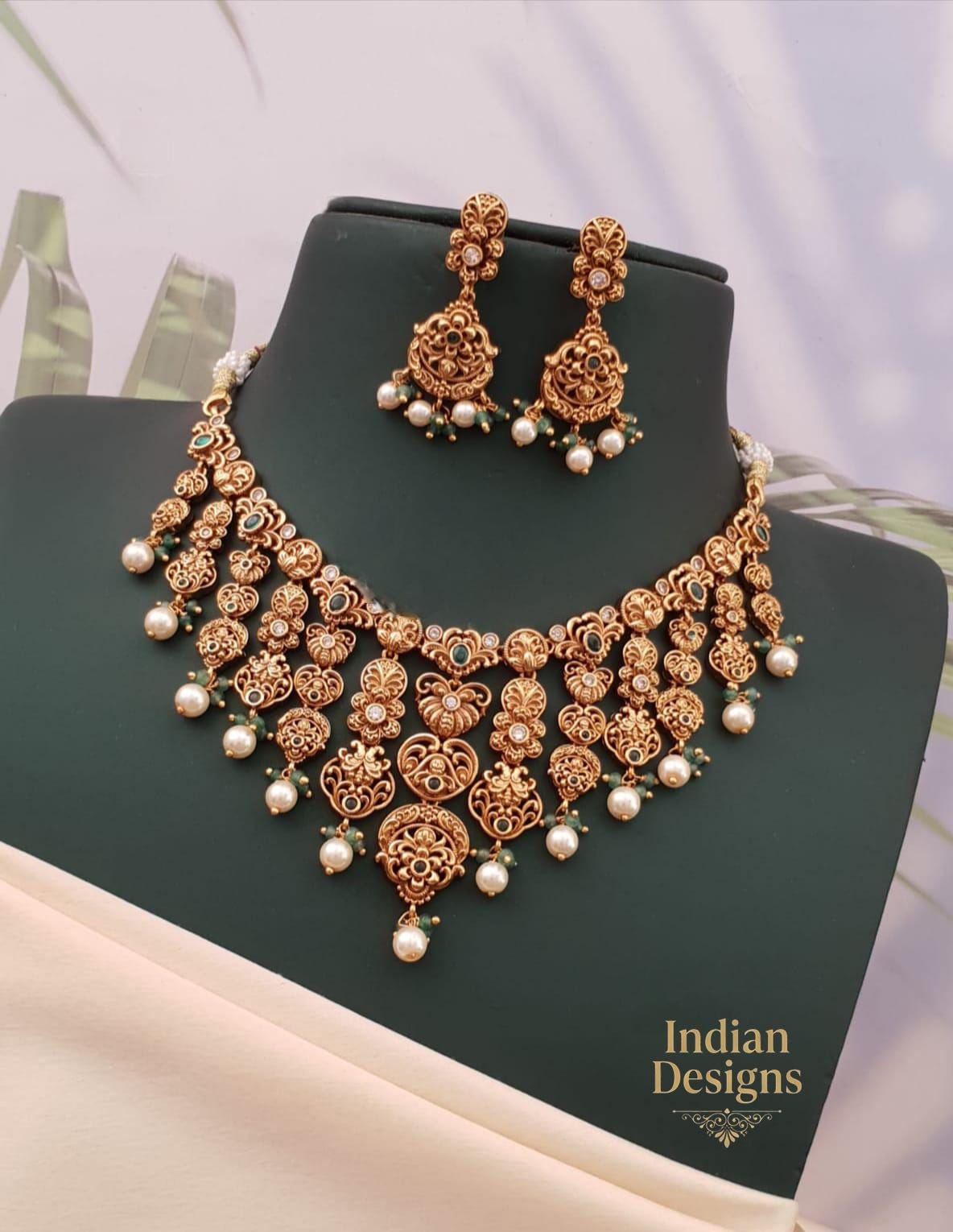 Antique Gold Temple Necklace Set| Traditional South Indian Bridal Jewelry| Matte Gold Choker and Earrings Set| Indian Wedding Jewelry Gift