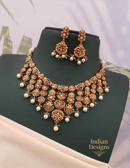 Antique Gold Temple Necklace Set| Traditional South Indian Bridal Jewelry| Matte Gold Choker and Earrings Set| Indian Wedding Jewelry Gift