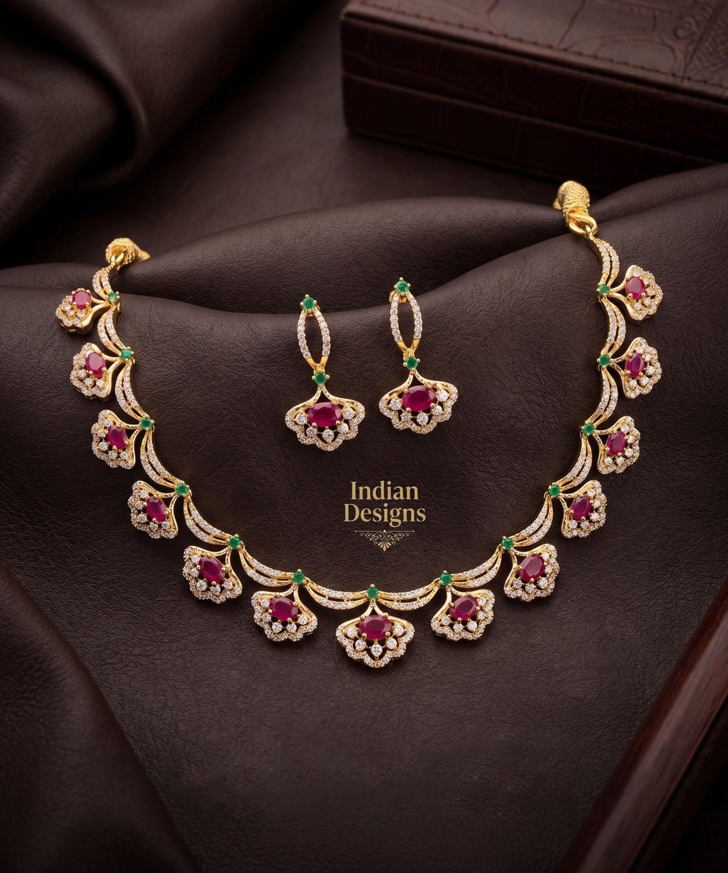 Gold Plated Indian Necklace Set with Earrings| American Diamond Necklace| Dainty Jewelry| Floral CZ Diamond Choker| Anniversary Gift for her
