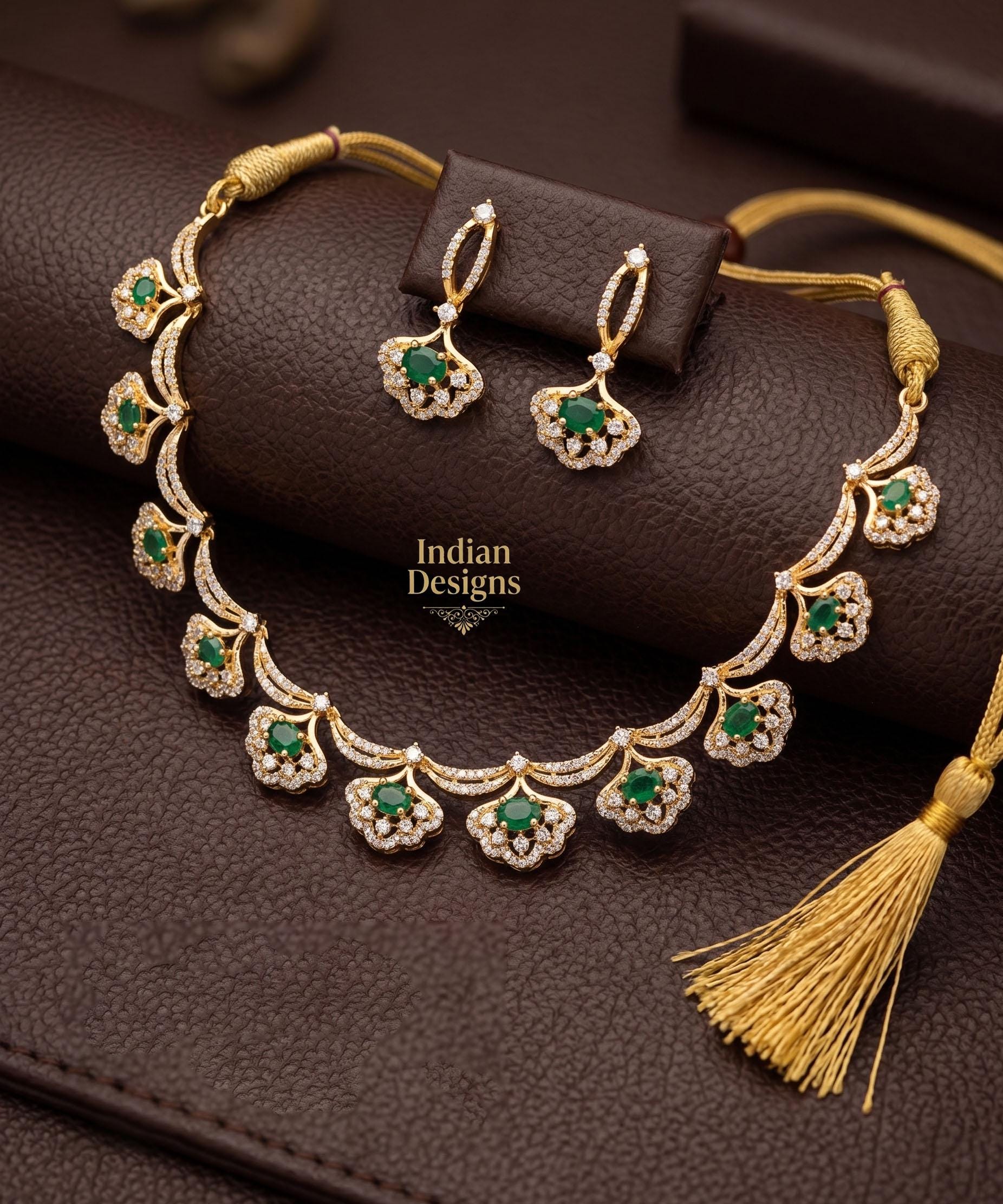 Gold Plated Indian Necklace Set with Earrings| American Diamond Necklace| Dainty Jewelry| Floral CZ Diamond Choker| Anniversary Gift for her