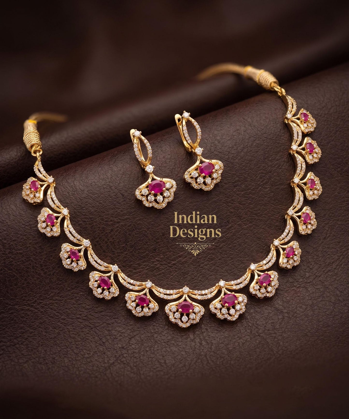 Gold Plated Indian Necklace Set with Earrings| American Diamond Necklace| Dainty Jewelry| Floral CZ Diamond Choker| Anniversary Gift for her