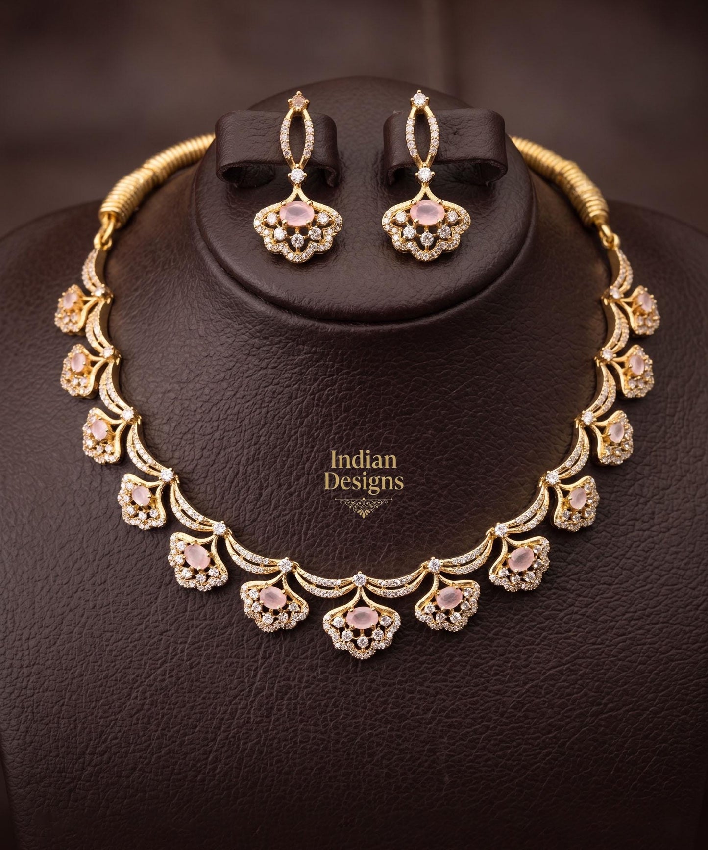 Gold Plated Indian Necklace Set with Earrings| American Diamond Necklace| Dainty Jewelry| Floral CZ Diamond Choker| Anniversary Gift for her