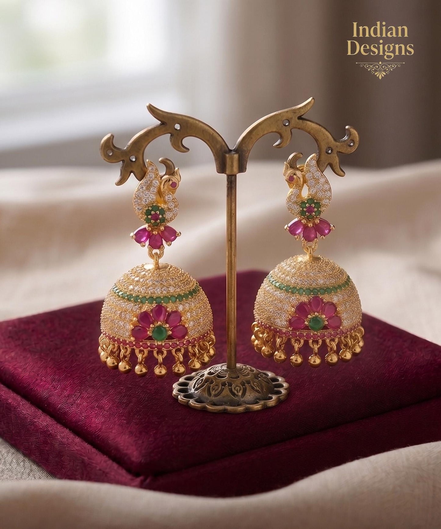 Gold plated ad stone big jhumka earrings | latest designs american diamond emerald ruby stone jhumka jhumki| gift for her