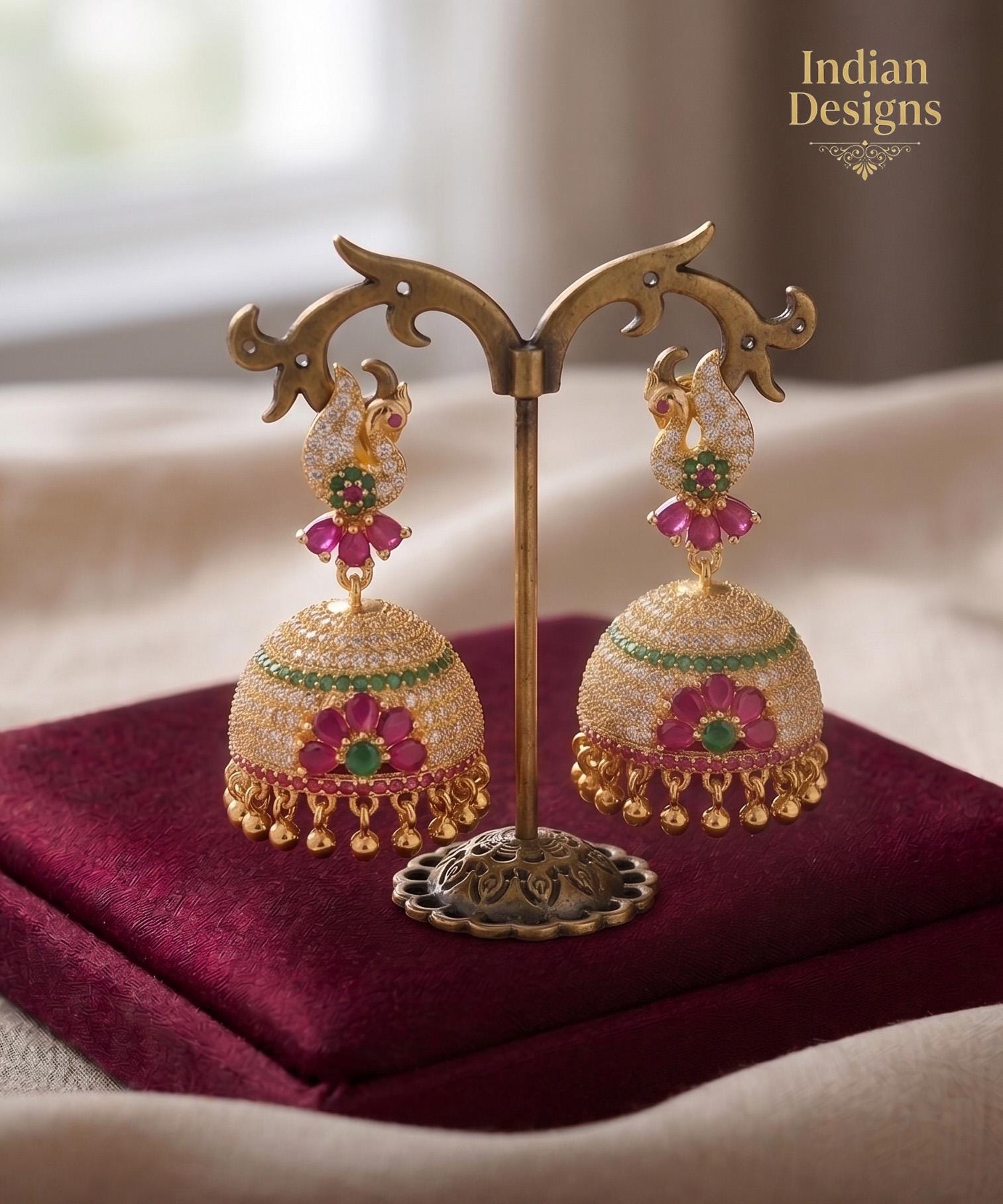 Gold plated ad stone big jhumka earrings | latest designs american diamond emerald ruby stone jhumka jhumki| gift for her
