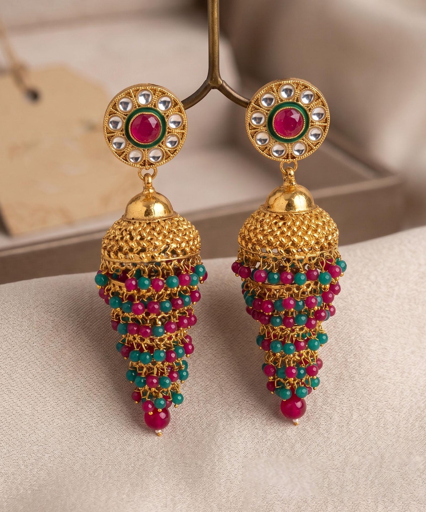 Gold Plated Jhumka jhumki Earrings with Red and Green bead drops, Kundan Polki Jhumka, Pakistani Jhumka, Punjabi Jhumka