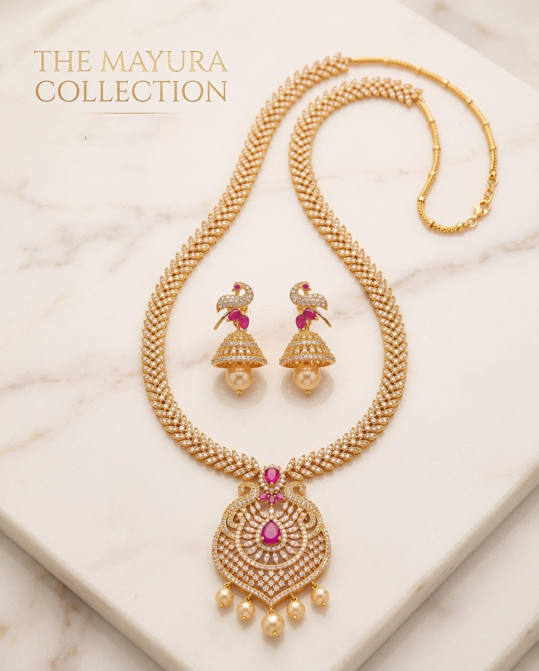 22k Gold Plated Necklace & Jhumka Earrings with AD stones| Traditional Indian Wedding Jewelry| Long Necklace Set| Anniversary Gift for Her