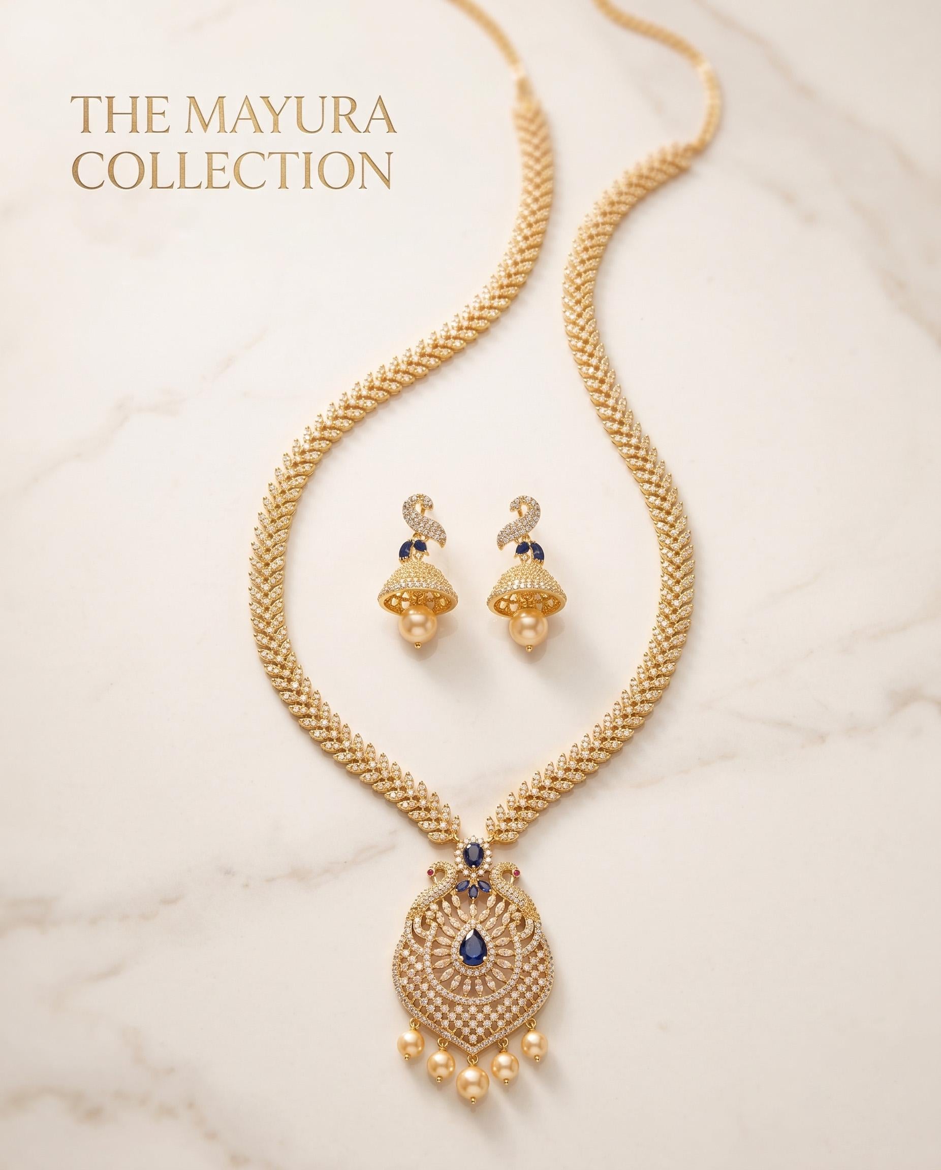 22k Gold Plated Necklace & Jhumka Earrings with AD stones| Traditional Indian Wedding Jewelry| Long Necklace Set| Anniversary Gift for Her