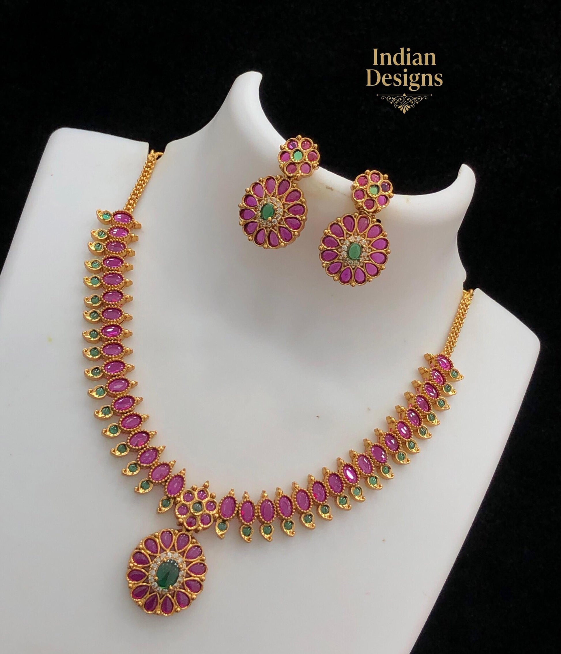 Gold Plated Kemp Stone Necklace & Earrings Set| traditional South Indian jewelry| ruby green stones|Minimalist Necklace,Indian Designs - USA