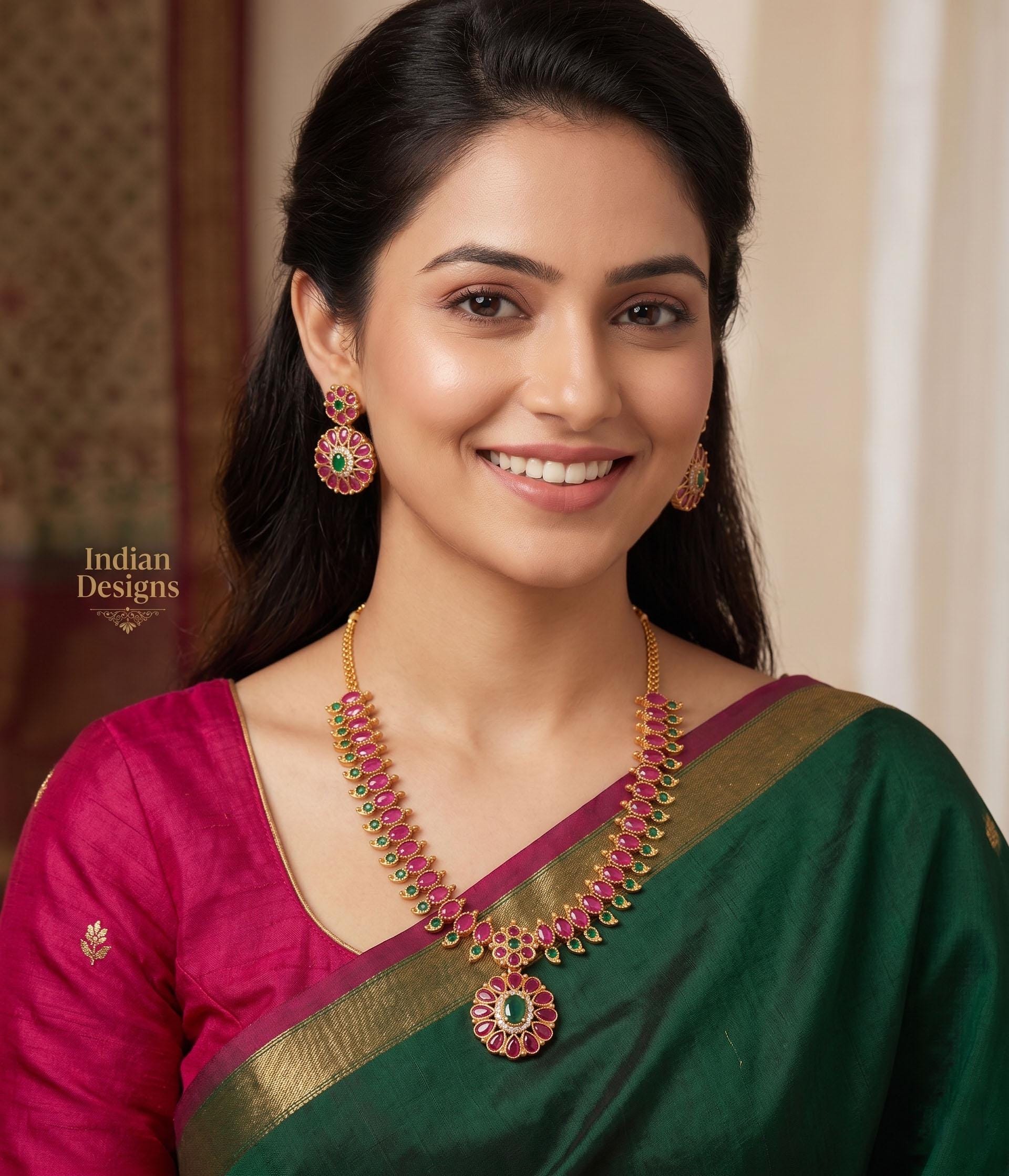 Gold Plated Kemp Stone Necklace & Earrings Set| traditional South Indian jewelry| ruby green stones|Minimalist Necklace,Indian Designs - USA