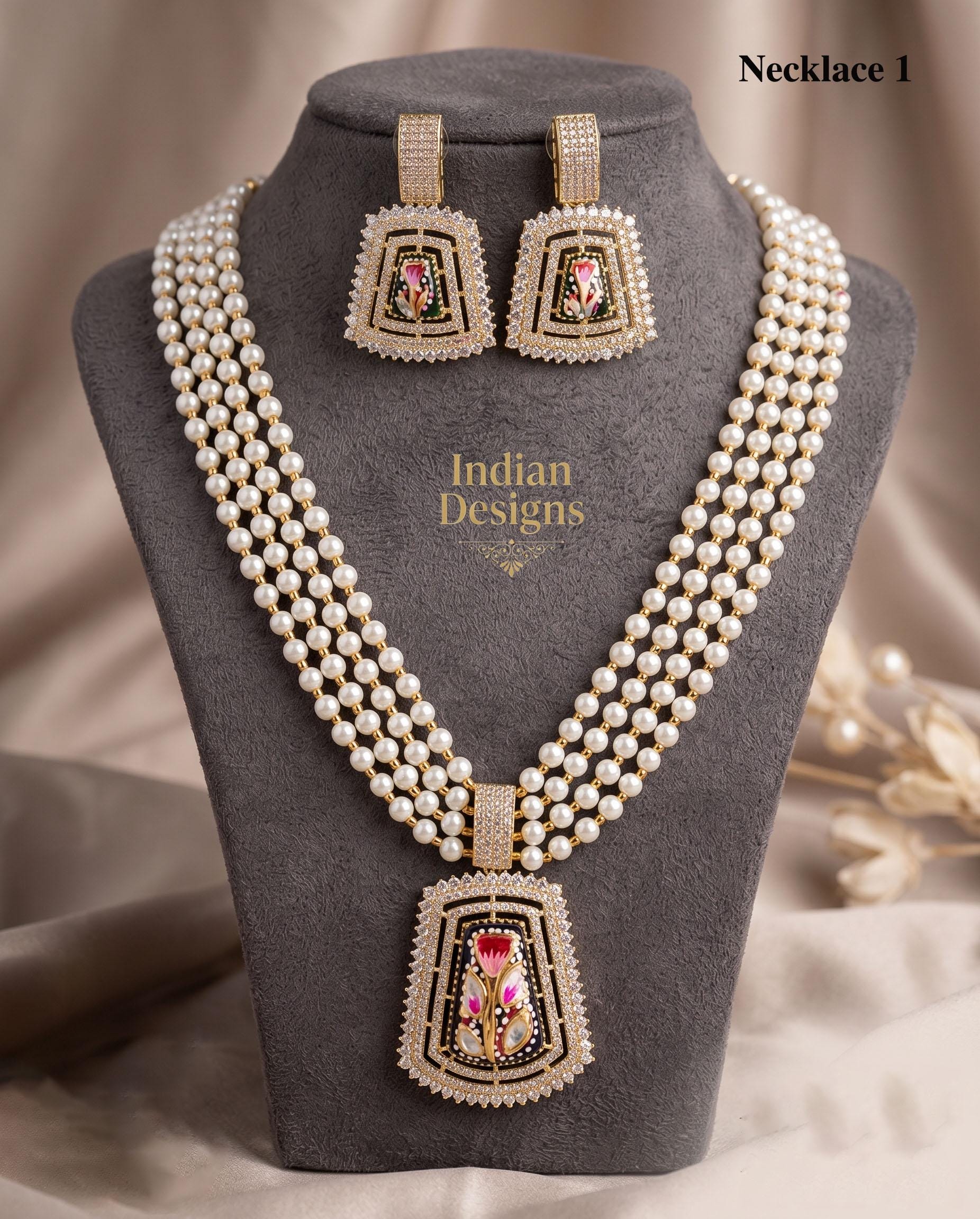 Multi strand pearl layered necklace| Synthetic Pearl Mala for Weddings & Bridal Wear| Hand-Painted Floral Enamel Pendant Set| gift for her