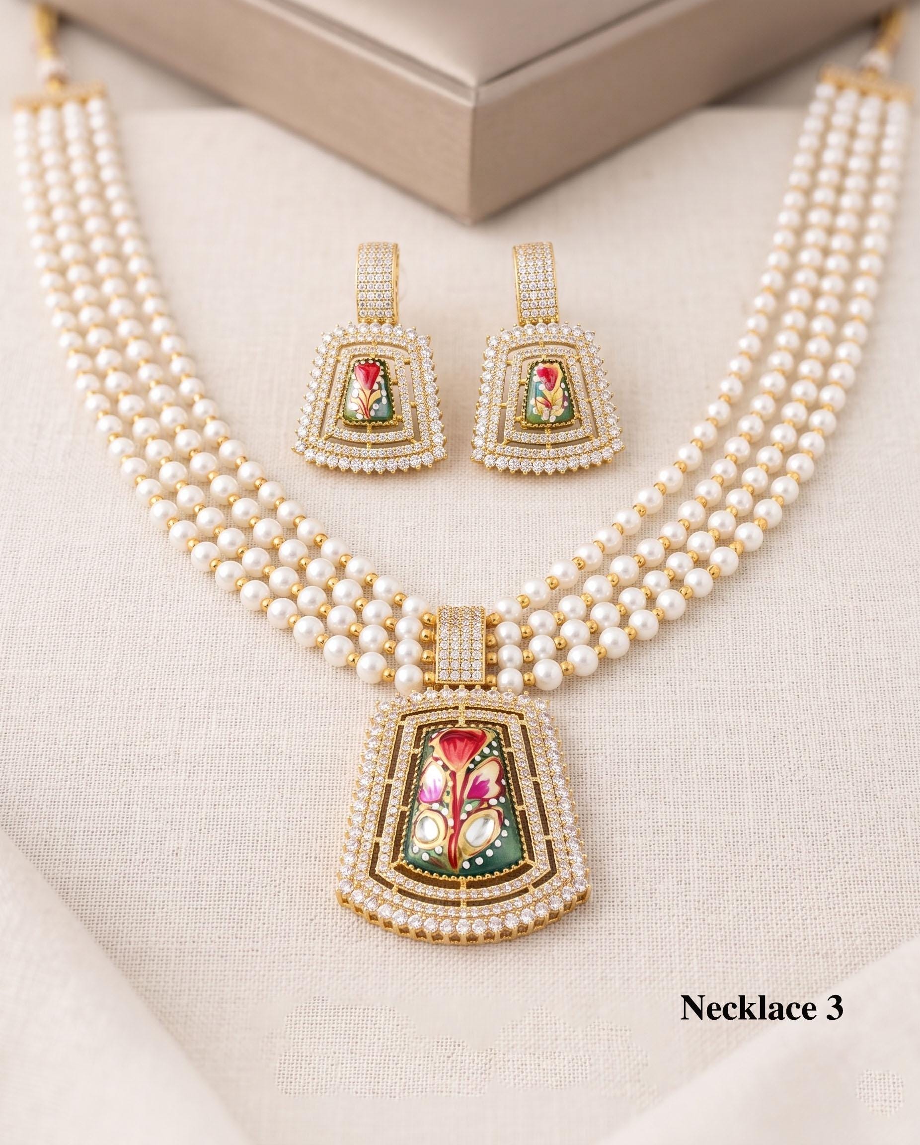 Multi strand pearl layered necklace| Synthetic Pearl Mala for Weddings & Bridal Wear| Hand-Painted Floral Enamel Pendant Set| gift for her