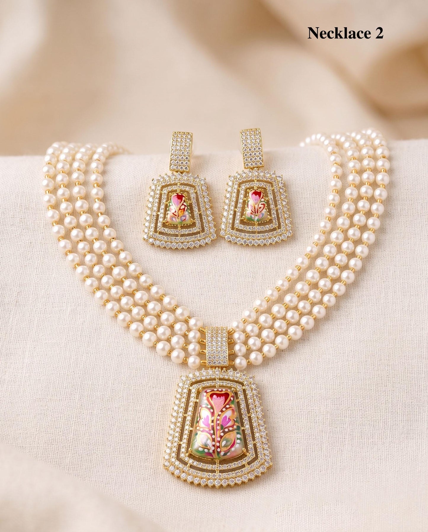 Multi strand pearl layered necklace| Synthetic Pearl Mala for Weddings & Bridal Wear| Hand-Painted Floral Enamel Pendant Set| gift for her