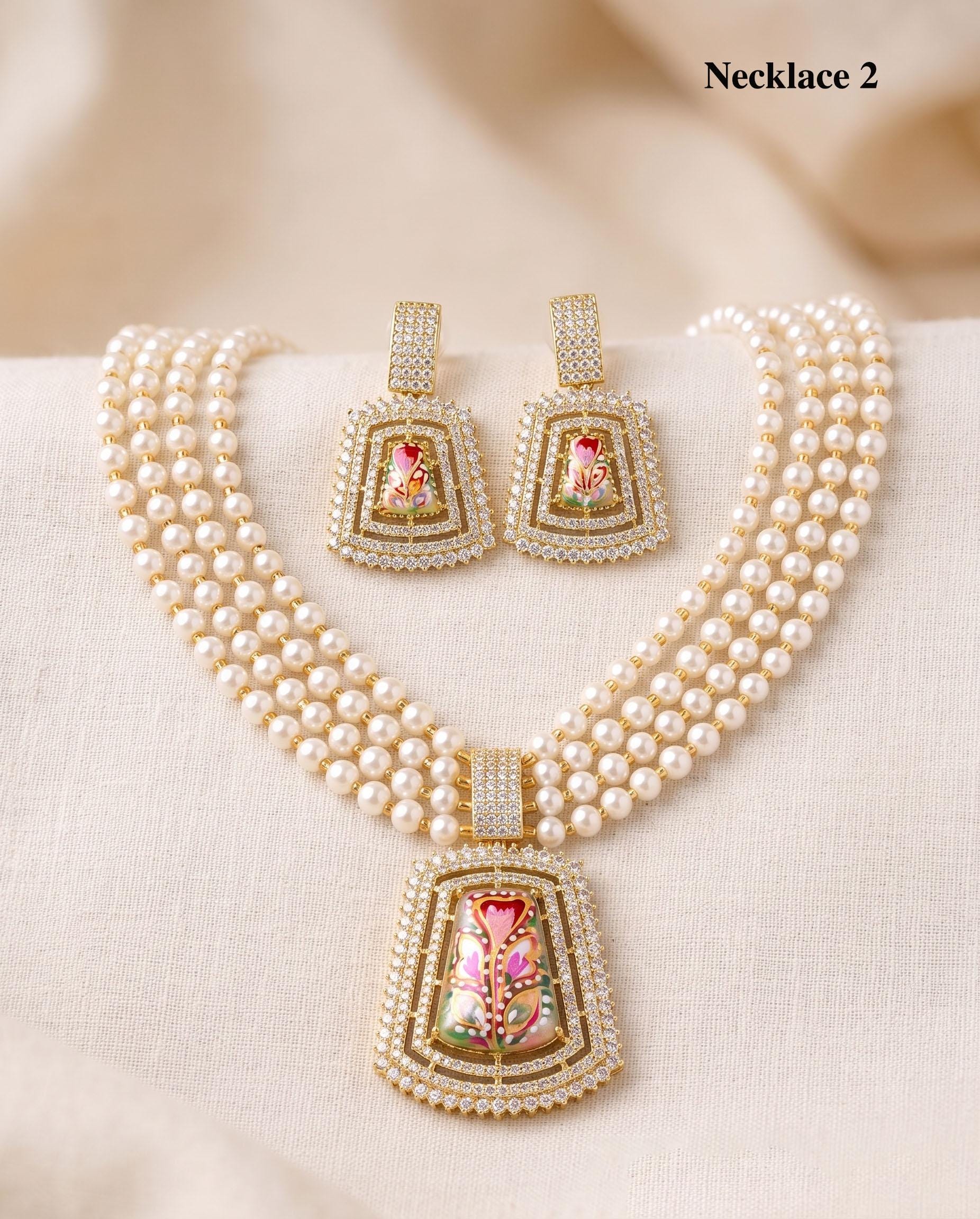 Multi strand pearl layered necklace| Synthetic Pearl Mala for Weddings & Bridal Wear| Hand-Painted Floral Enamel Pendant Set| gift for her