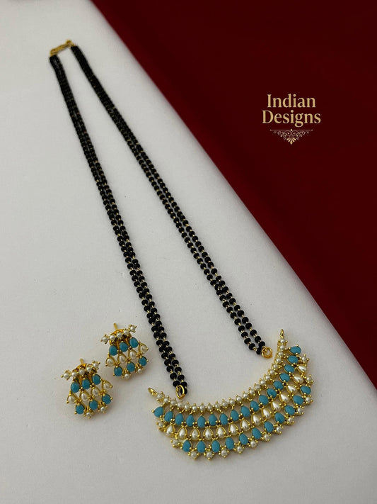 Indian Mangalsutra Necklace Set with Earrings| Gold Plated Black Bead Chain| Crescent Chandbali Pendant| Ruby Emerald Pearl Jewelry| gift