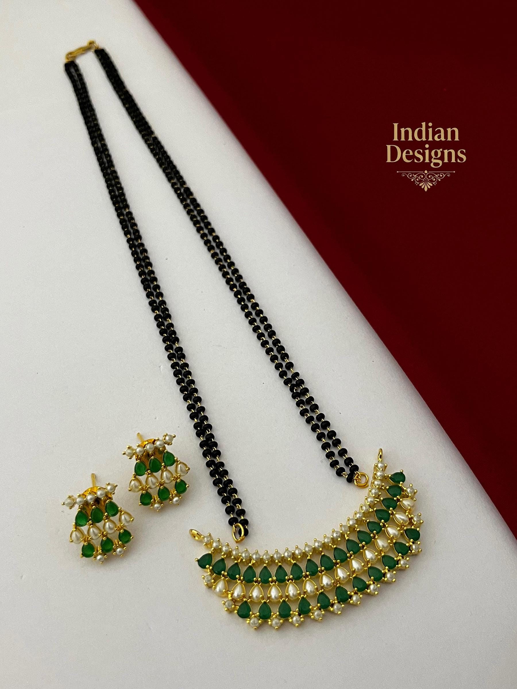 Indian Mangalsutra Necklace Set with Earrings| Gold Plated Black Bead Chain| Crescent Chandbali Pendant| Ruby Emerald Pearl Jewelry| gift