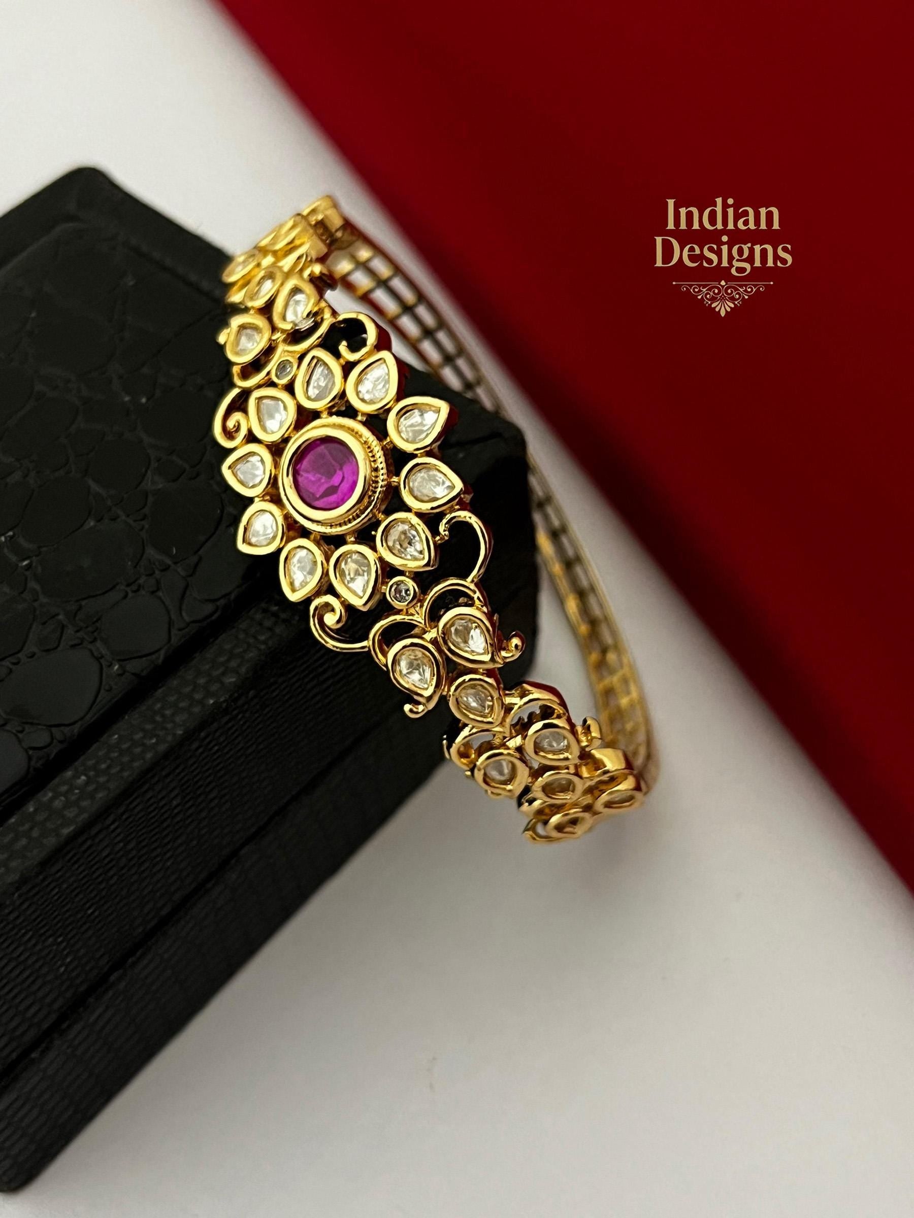 Indian Gold Plated Floral Kada Bangle| Kundan Stone Openable Bracelet| Traditional South Indian Jewelry| Kundan Bangle| Gift for Her