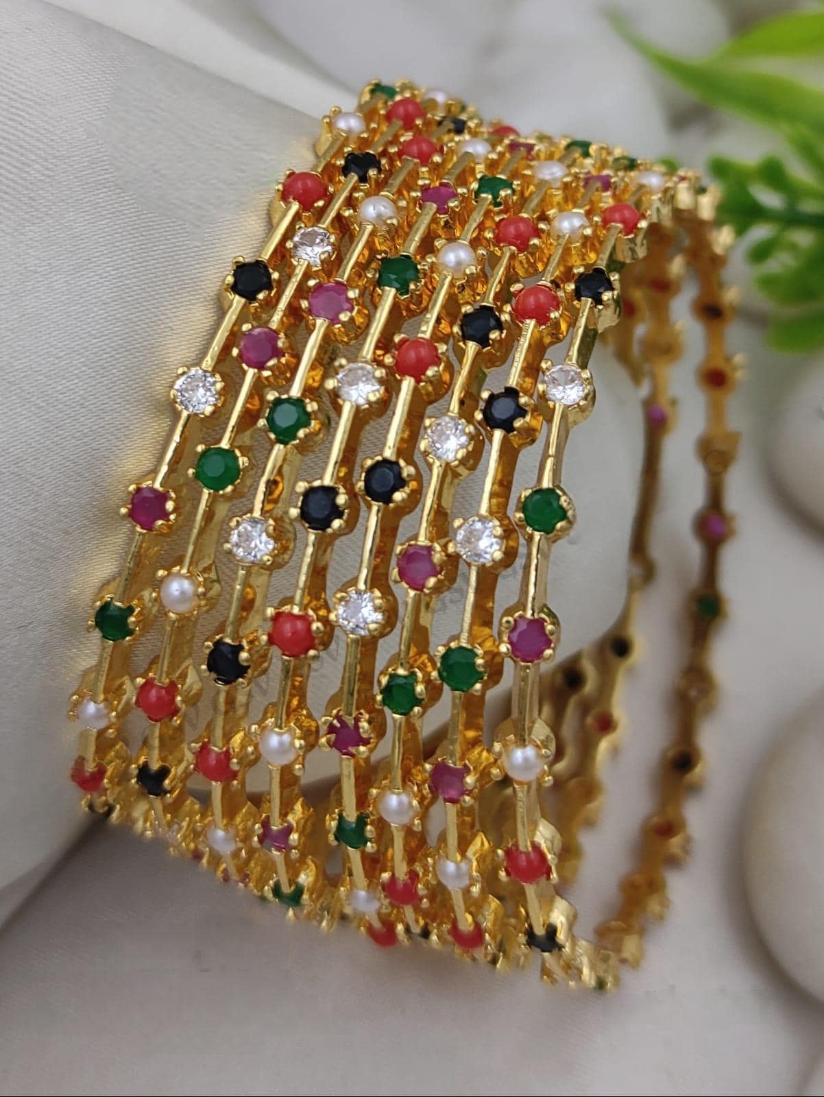 Gold Plated Multi Stone Bangle Set| Colorful Indian Bangles| Stackable Ethnic Bangle| Pearl Stone Bracelet| Navratna Gold Tone Bangles