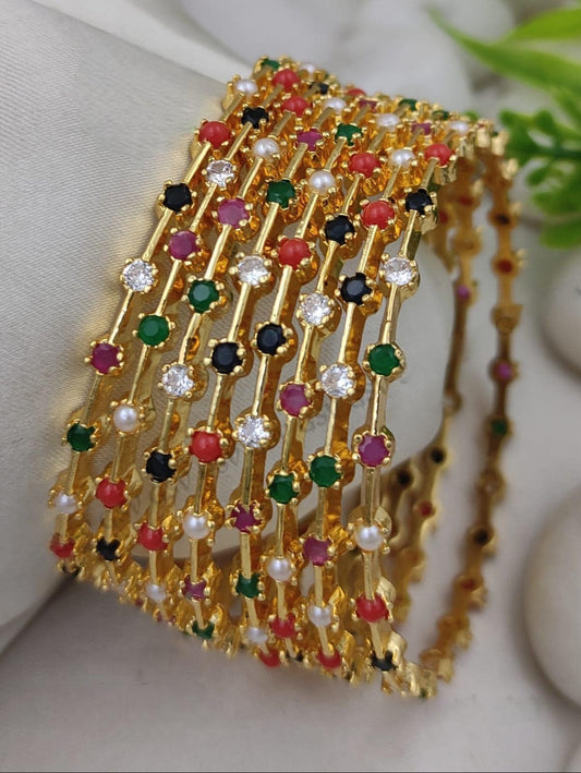Gold Plated Multi Stone Bangle Set| Colorful Indian Bangles| Stackable Ethnic Bangle| Pearl Stone Bracelet| Navratna Gold Tone Bangles