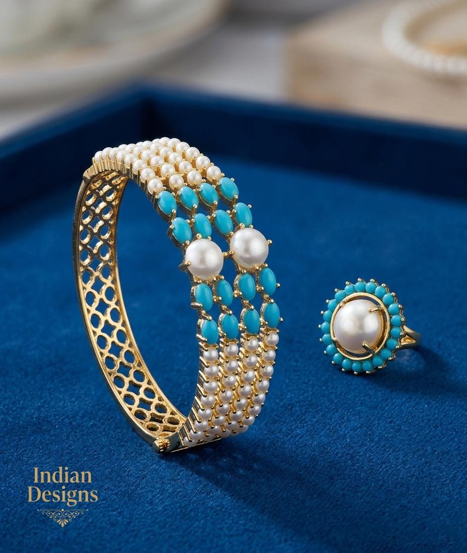 Openable pearl bangle| Indian Kundan Pearl Bangle and Ring Set|22k Gold Plated Kada Bracelet| Wedding Jewelry Gift for Her| Red Coral Bangle