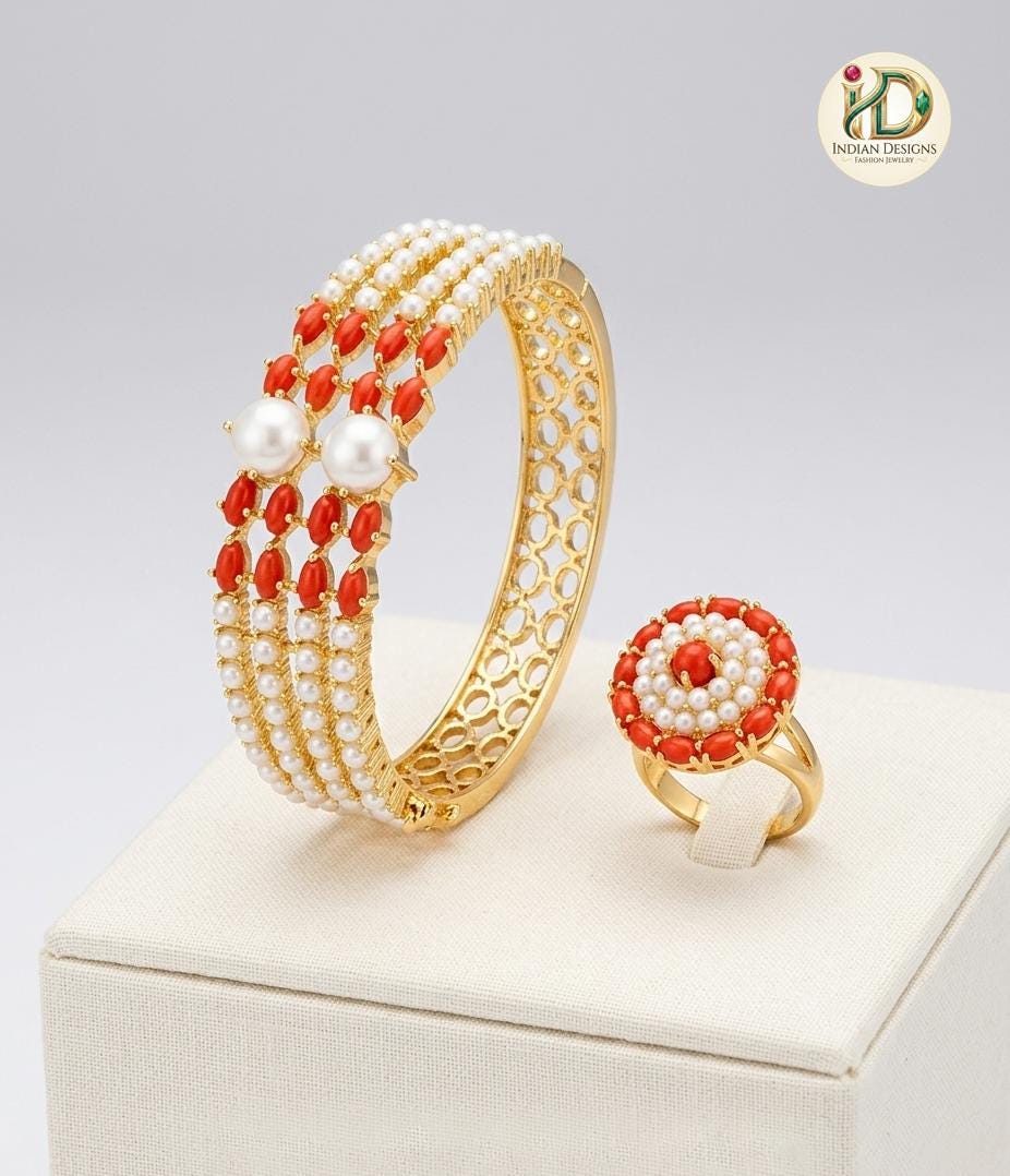 Openable pearl bangle| Indian Kundan Pearl Bangle and Ring Set|22k Gold Plated Kada Bracelet| Wedding Jewelry Gift for Her| Red Coral Bangle