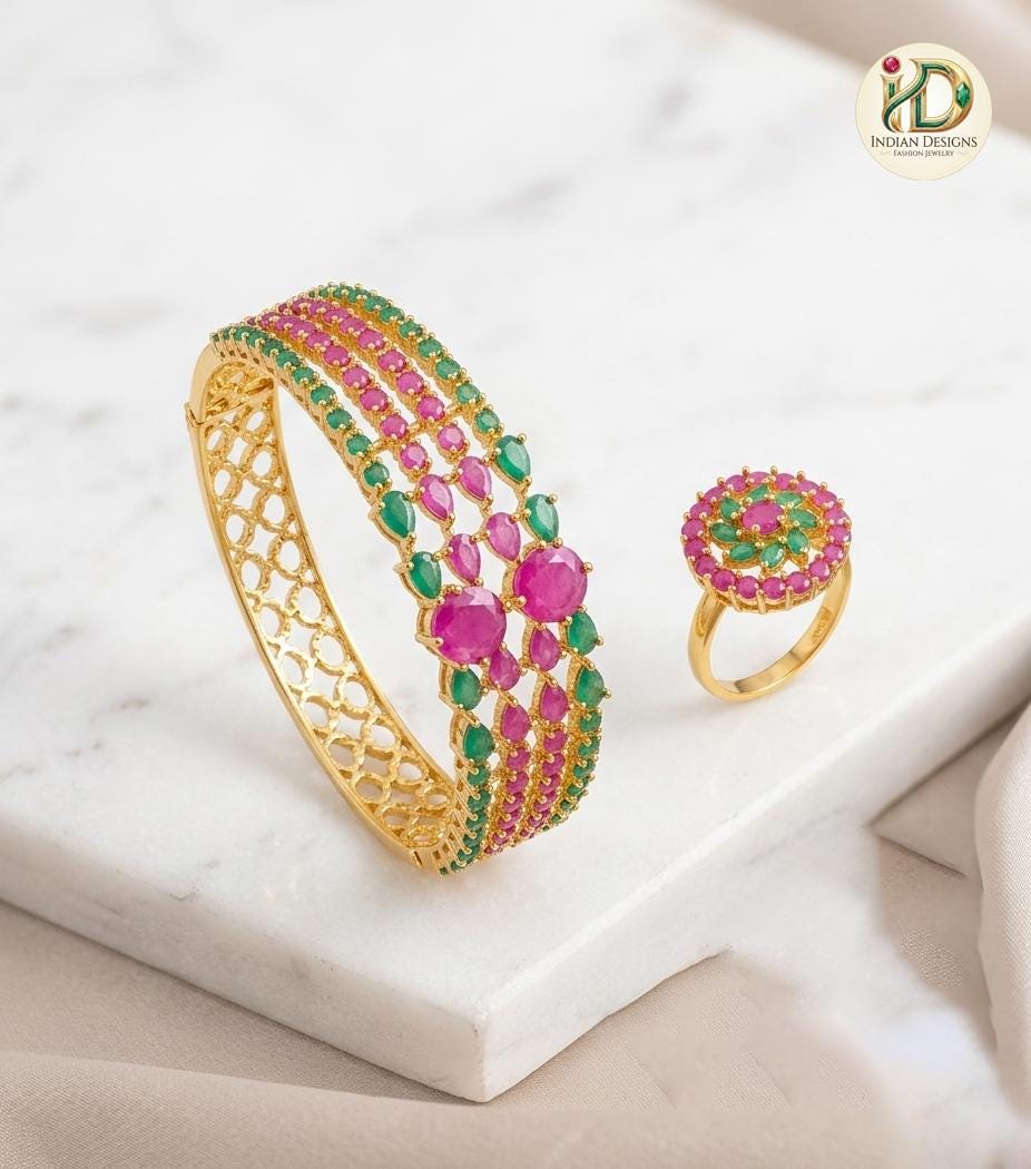 Openable pearl bangle| Indian Kundan Pearl Bangle and Ring Set|22k Gold Plated Kada Bracelet| Wedding Jewelry Gift for Her| Red Coral Bangle