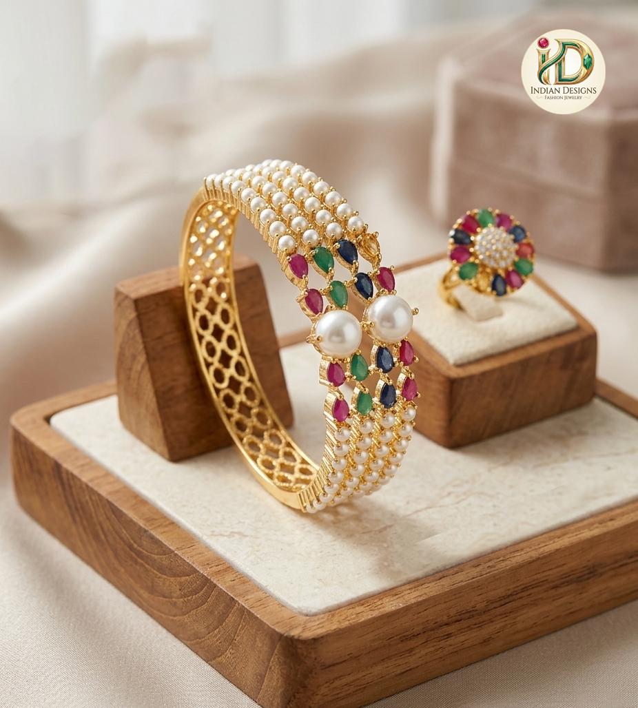 Openable pearl bangle| Indian Kundan Pearl Bangle and Ring Set|22k Gold Plated Kada Bracelet| Wedding Jewelry Gift for Her| Red Coral Bangle
