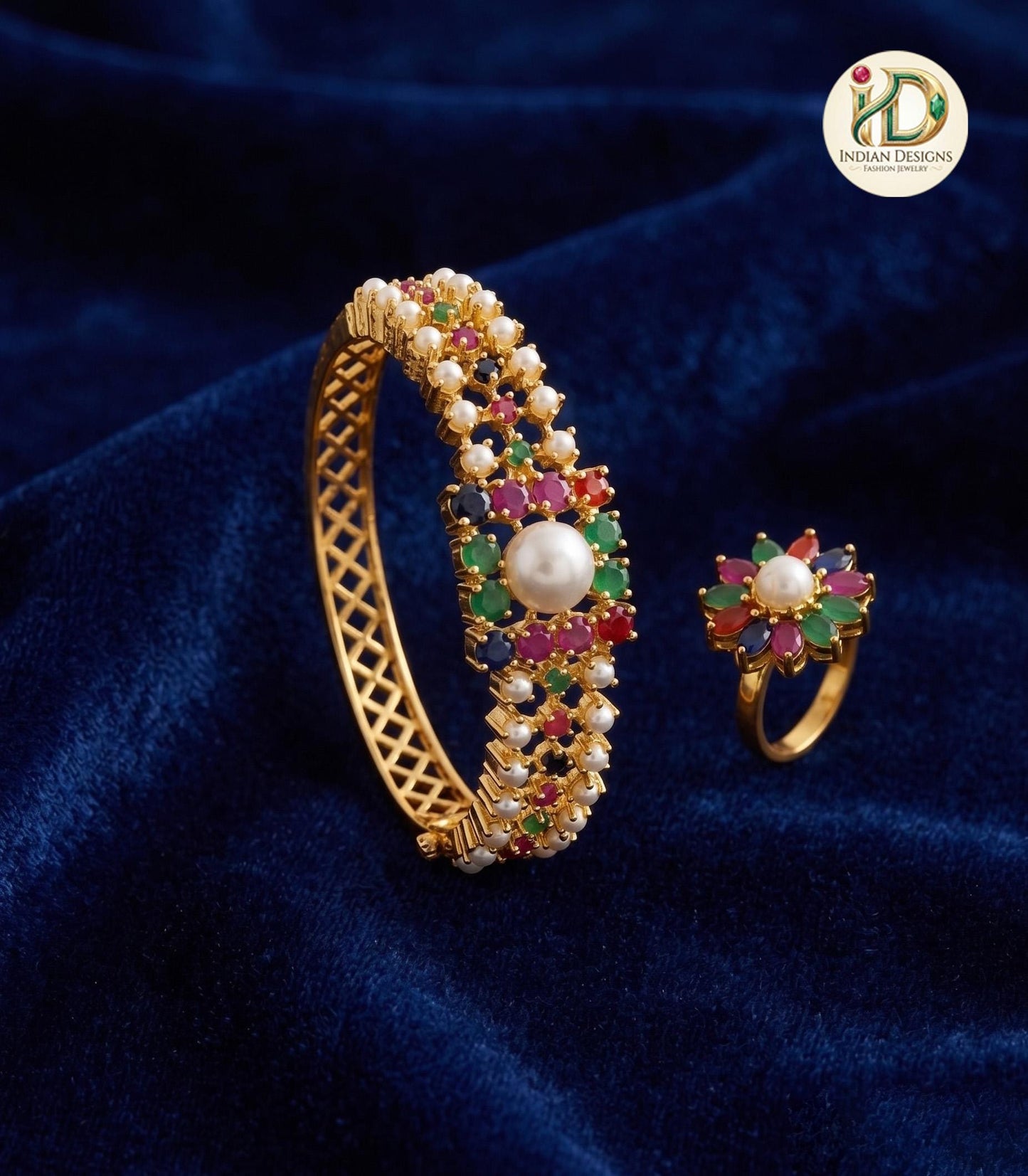 Openable pearl bangle| Indian Kundan Pearl Bangle and Ring Set|22k Gold Plated Kada Bracelet| Wedding Jewelry Gift for Her| Red Coral Bangle