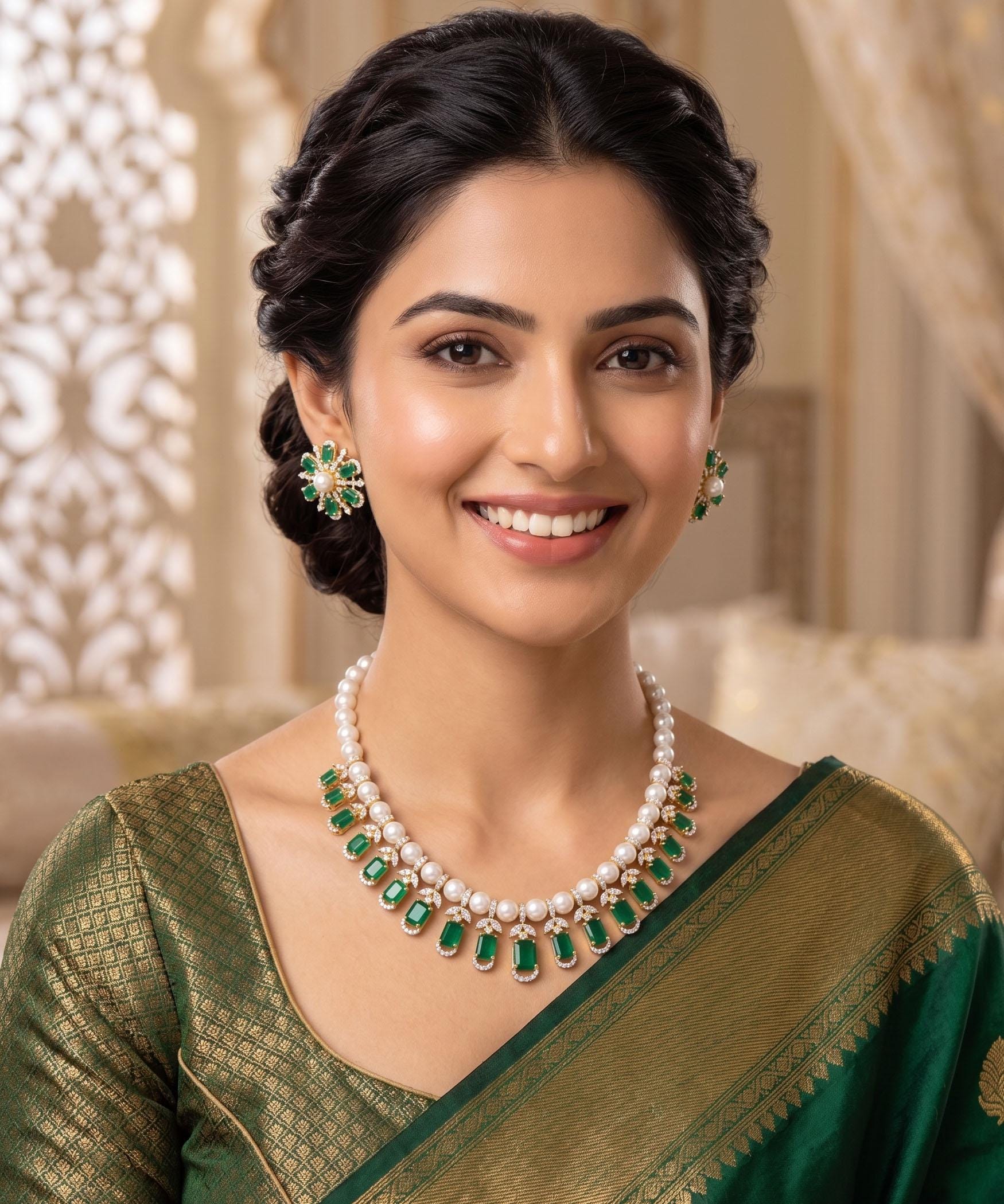 Indian Bridal Necklace and Earrings Set| Ruby Green Pearl Necklace Set| Choker Wedding Jewelry Set| Statement Party Necklace gift for her