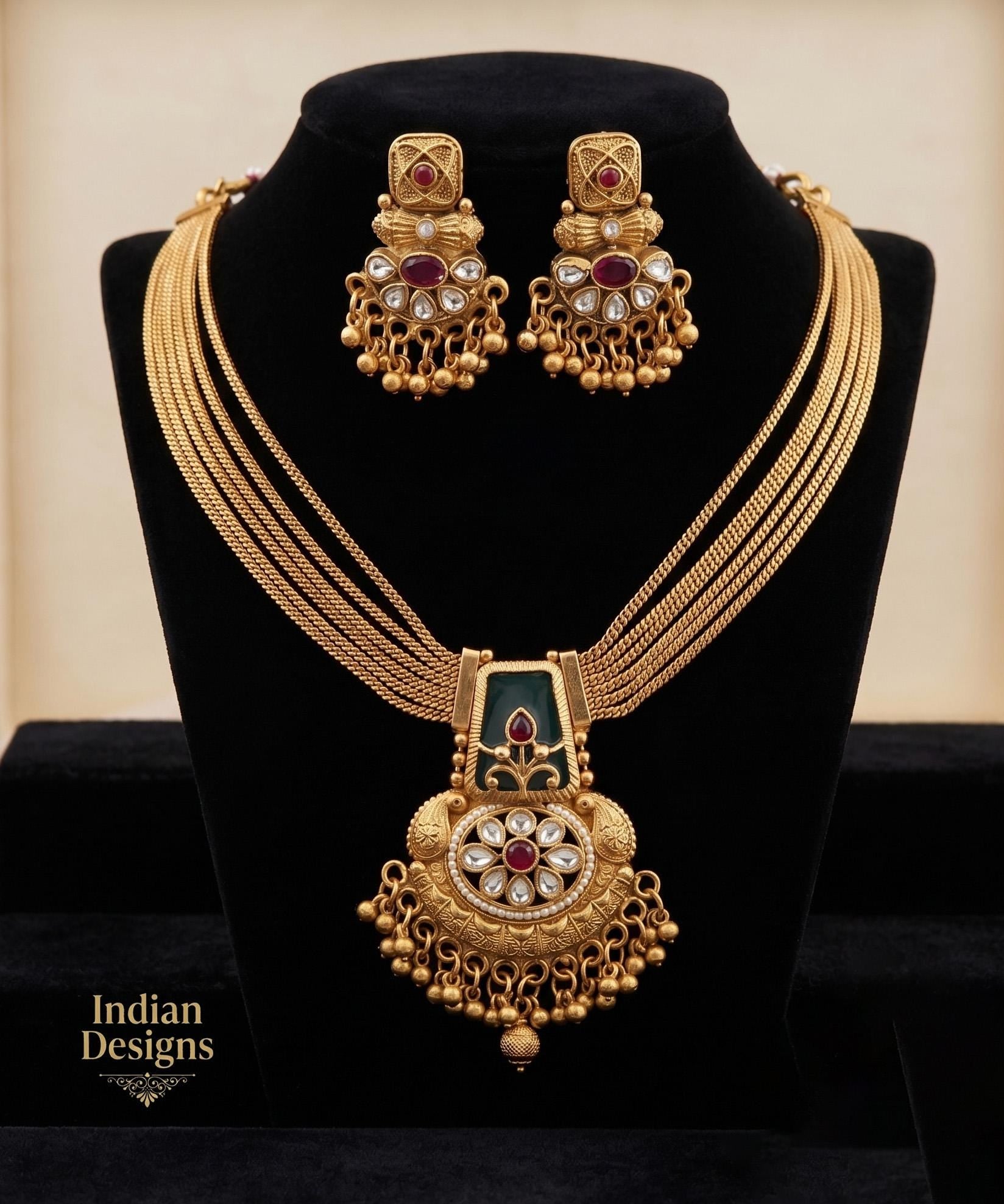 Antique Gold Plated Temple Jewelry Set| Traditional South Indian Matte Gold Necklace & Earrings| Indian Festive Wear Necklace| Gift for her