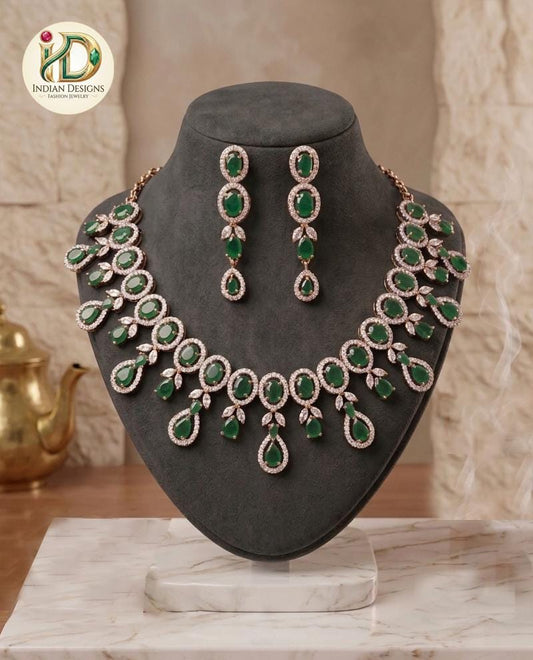 Rose Gold Indian Necklace Set with AD Stones| Bridal Ruby, Emerald and Sapphire CZ Statement Jewelry |Bollywood Wedding Choker| Gift for Her