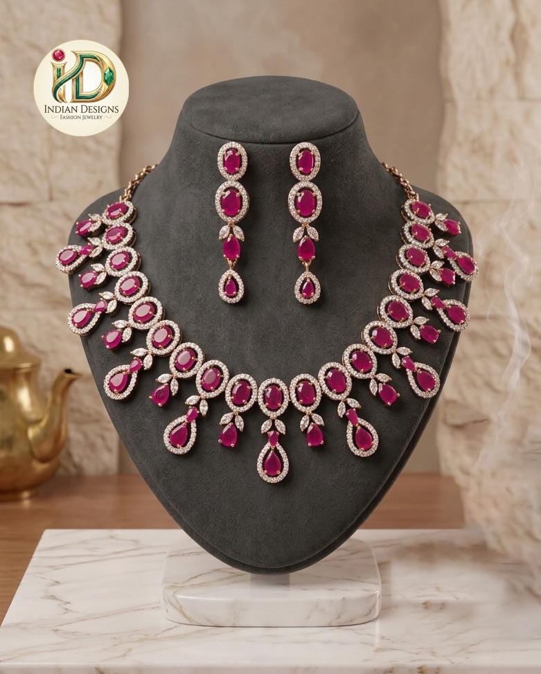 Rose Gold Indian Necklace Set with AD Stones| Bridal Ruby, Emerald and Sapphire CZ Statement Jewelry |Bollywood Wedding Choker| Gift for Her