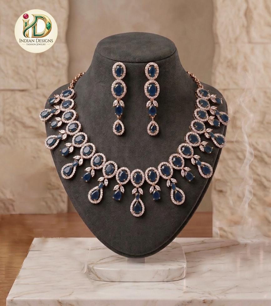Rose Gold Indian Necklace Set with AD Stones| Bridal Ruby, Emerald and Sapphire CZ Statement Jewelry |Bollywood Wedding Choker| Gift for Her
