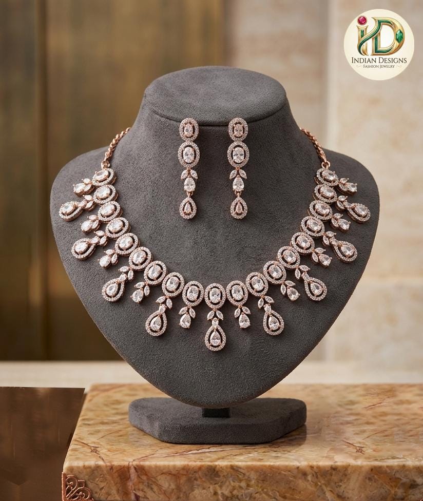 Rose Gold Indian Necklace Set with AD Stones| Bridal Ruby, Emerald and Sapphire CZ Statement Jewelry |Bollywood Wedding Choker| Gift for Her