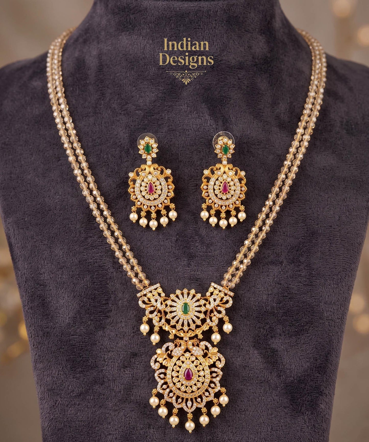 Traditional Indian Gold-Plated Double Layer Beaded Necklace & Earrings| Wedding Wear Mangalsutra for Women |Temple Jewelry SetGift for Her