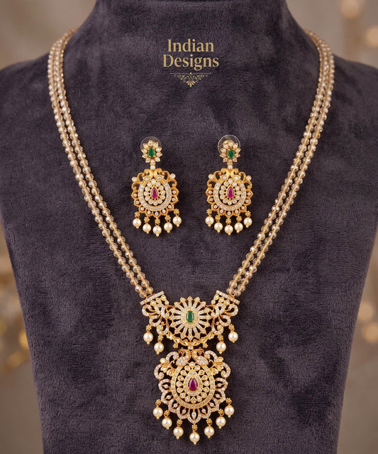 Traditional Indian Gold-Plated Double Layer Beaded Necklace & Earrings| Wedding Wear Mangalsutra for Women |Temple Jewelry SetGift for Her