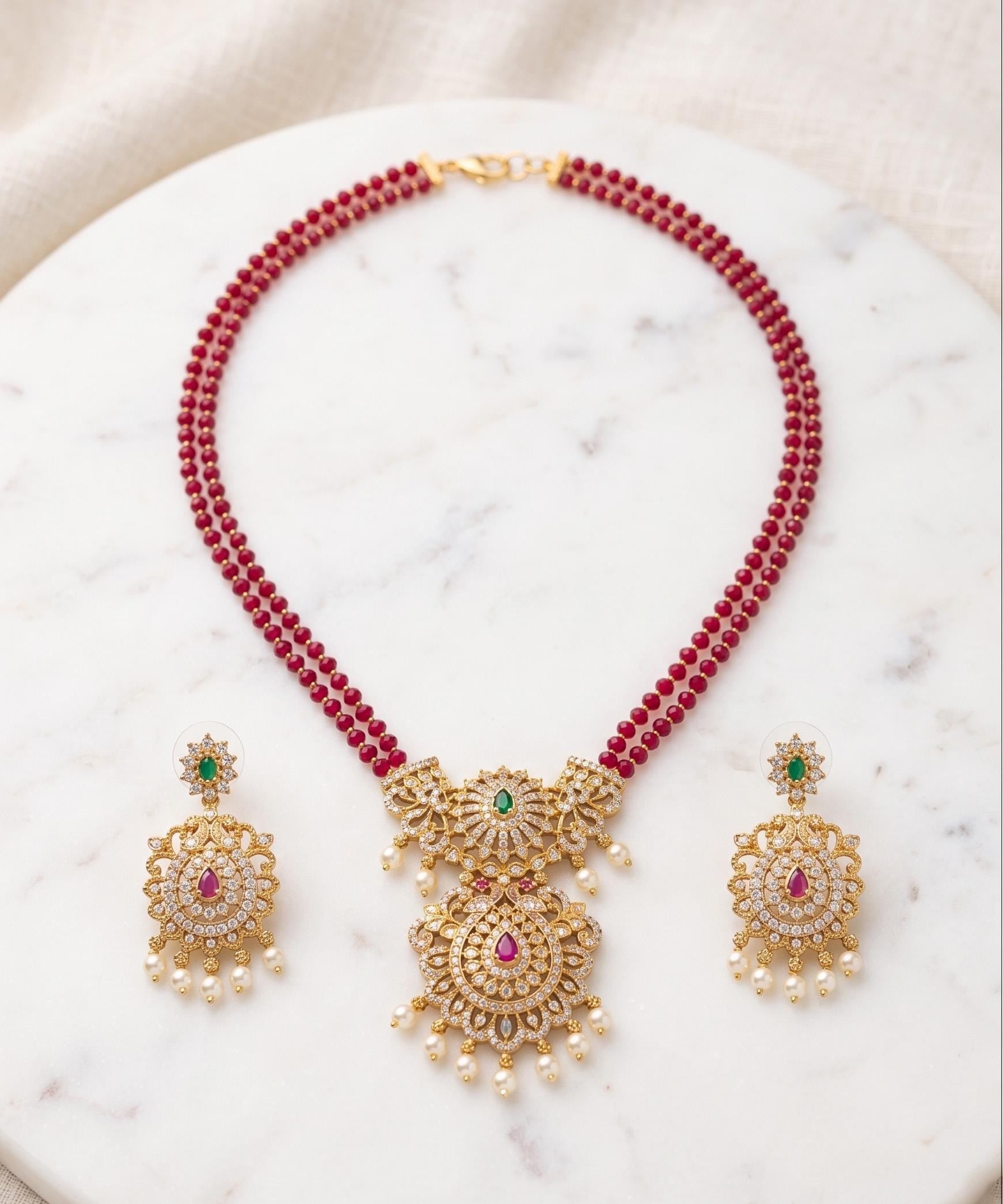 Traditional Indian Gold-Plated Double Layer Beaded Necklace & Earrings| Wedding Wear Mangalsutra for Women |Temple Jewelry SetGift for Her