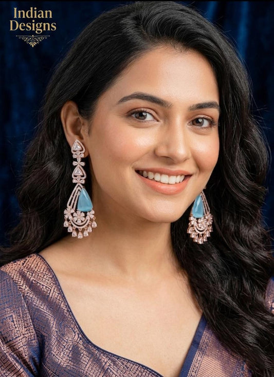 Rose Gold Emerald Chandbali Earrings| 3.5" Long CZ Diamond Floral Drop Earrings| Statement Dangle Earrings in Pink, Blue,Green| Gift for Her
