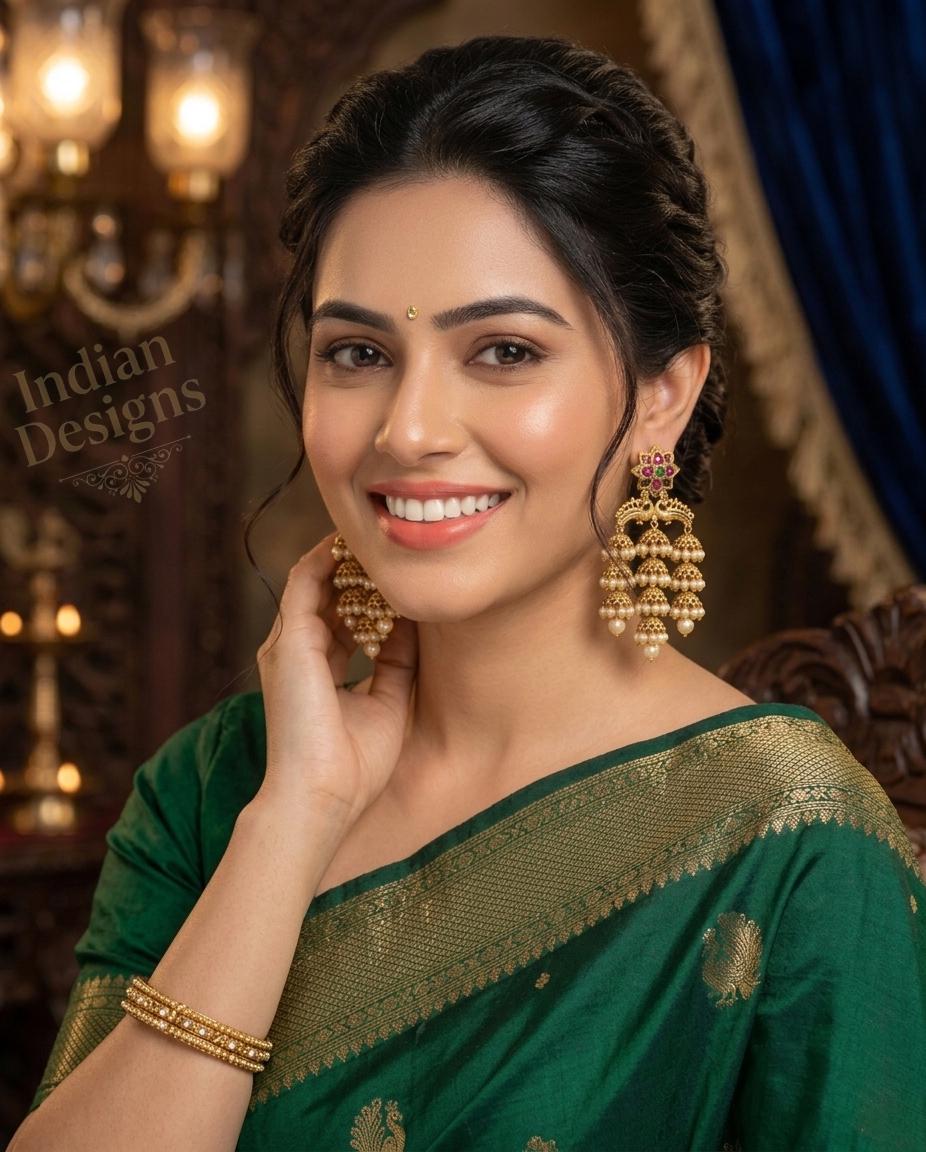 Gold Plated Multi-Layer Jhumka Earrings with Pearl Drops| 3-Inch Long Traditional Indian Wedding Earrings| Kemp Stone Bridal Jewelry