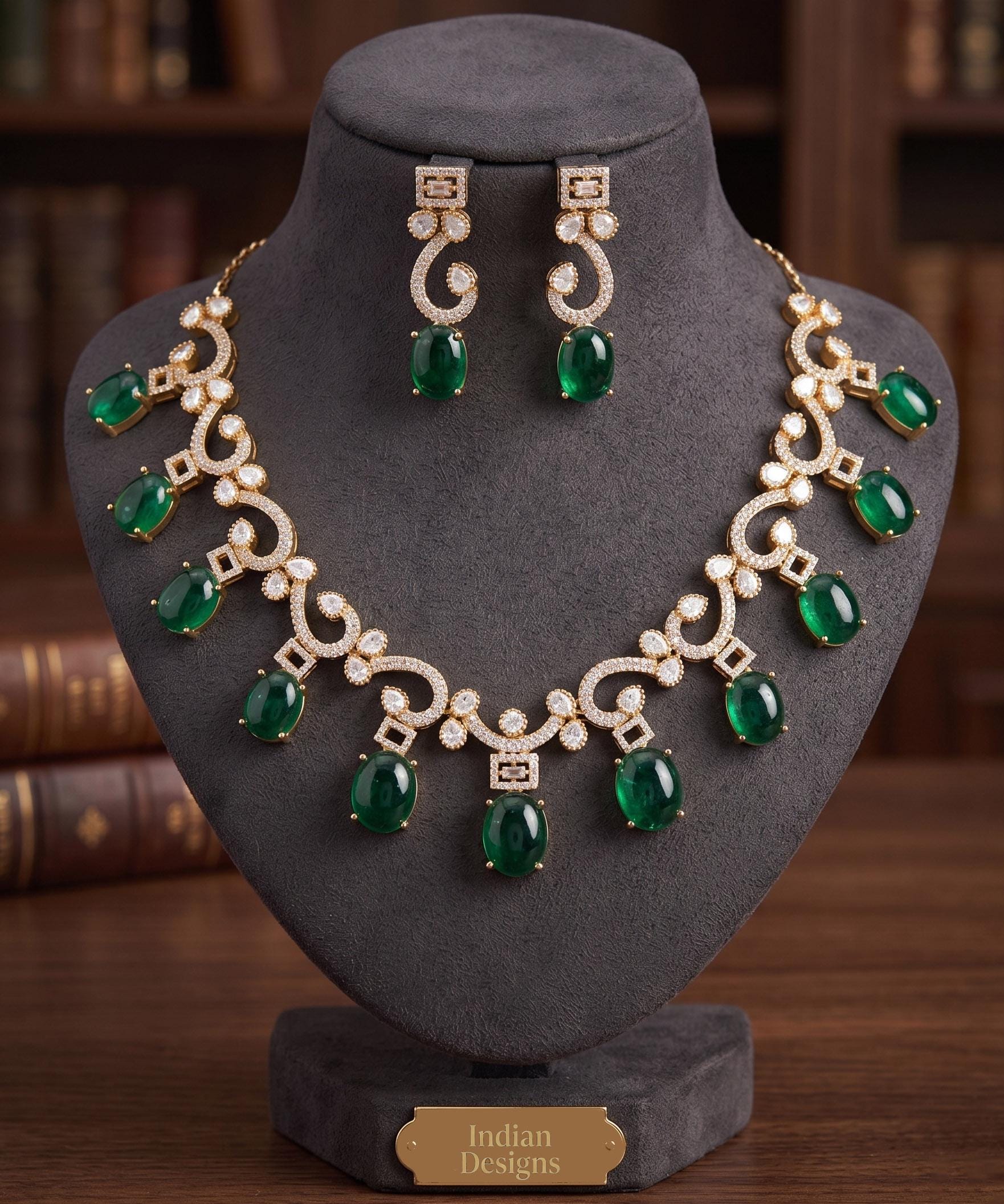 Emerald Green or Ruby Red Bridal Jewelry Set| American Diamond necklace| 18K Gold Plated Statement Choker and Teardrop Earrings|Gift for her