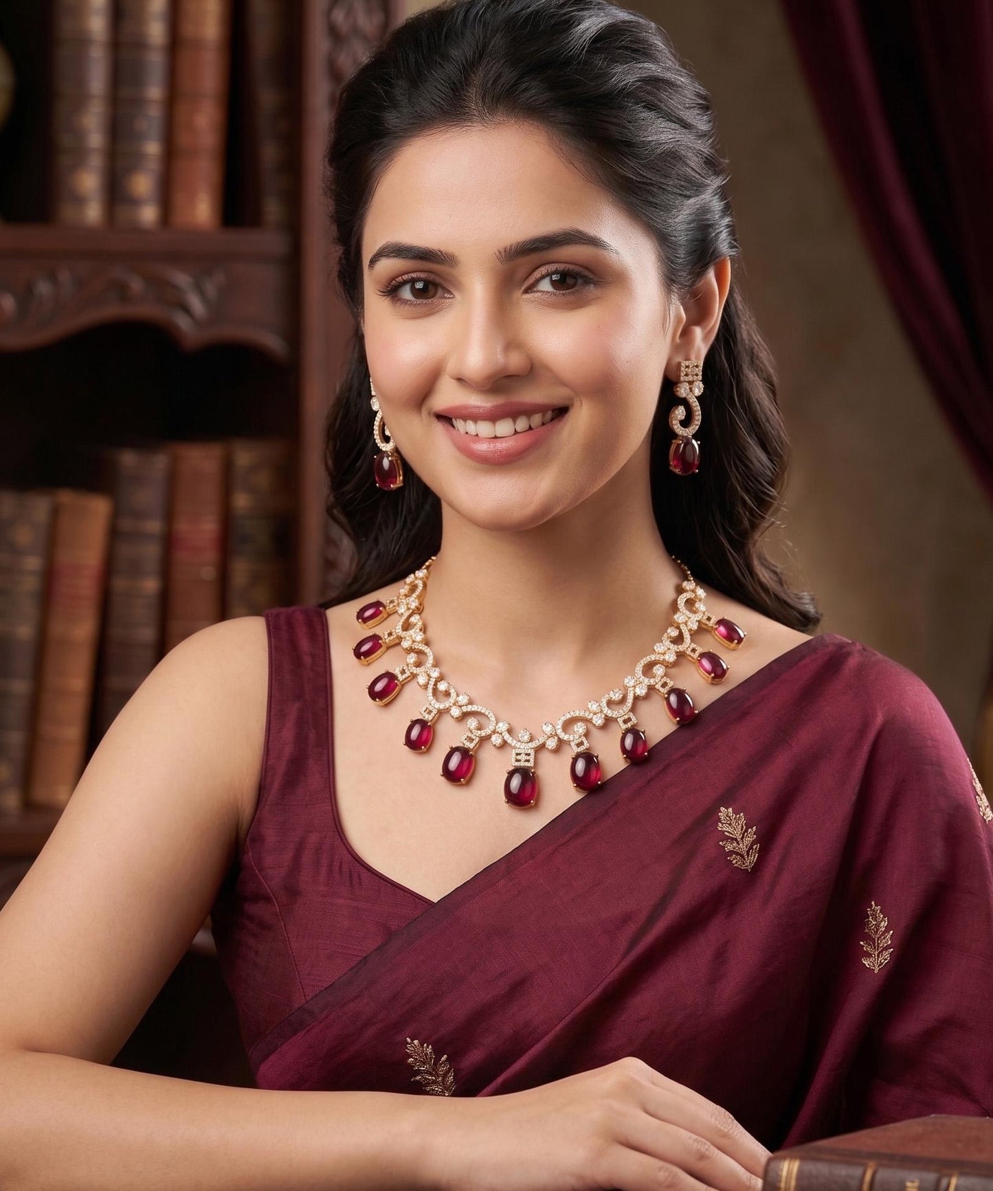 Emerald Green or Ruby Red Bridal Jewelry Set| American Diamond necklace| 18K Gold Plated Statement Choker and Teardrop Earrings|Gift for her