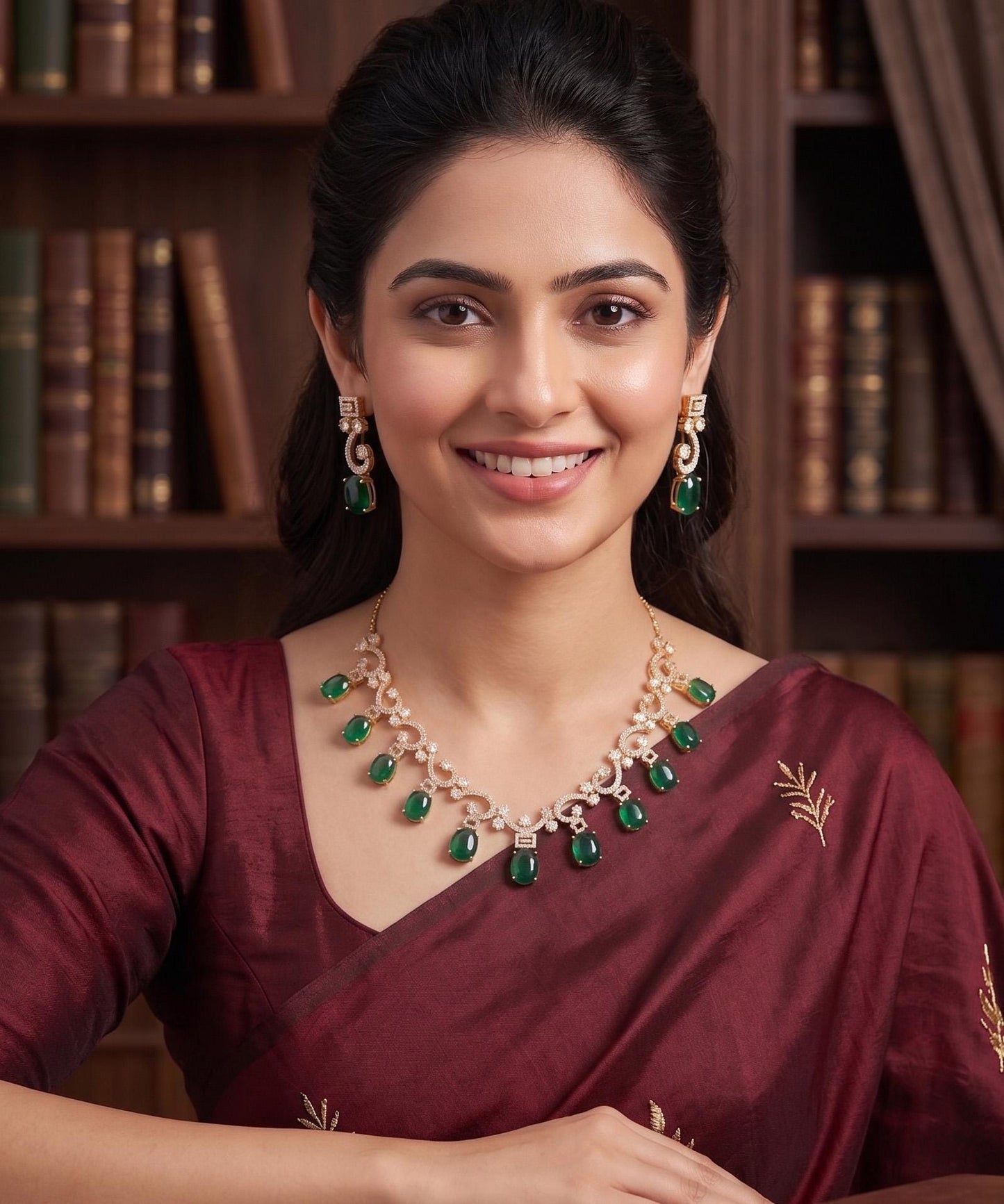 Emerald Green or Ruby Red Bridal Jewelry Set| American Diamond necklace| 18K Gold Plated Statement Choker and Teardrop Earrings|Gift for her