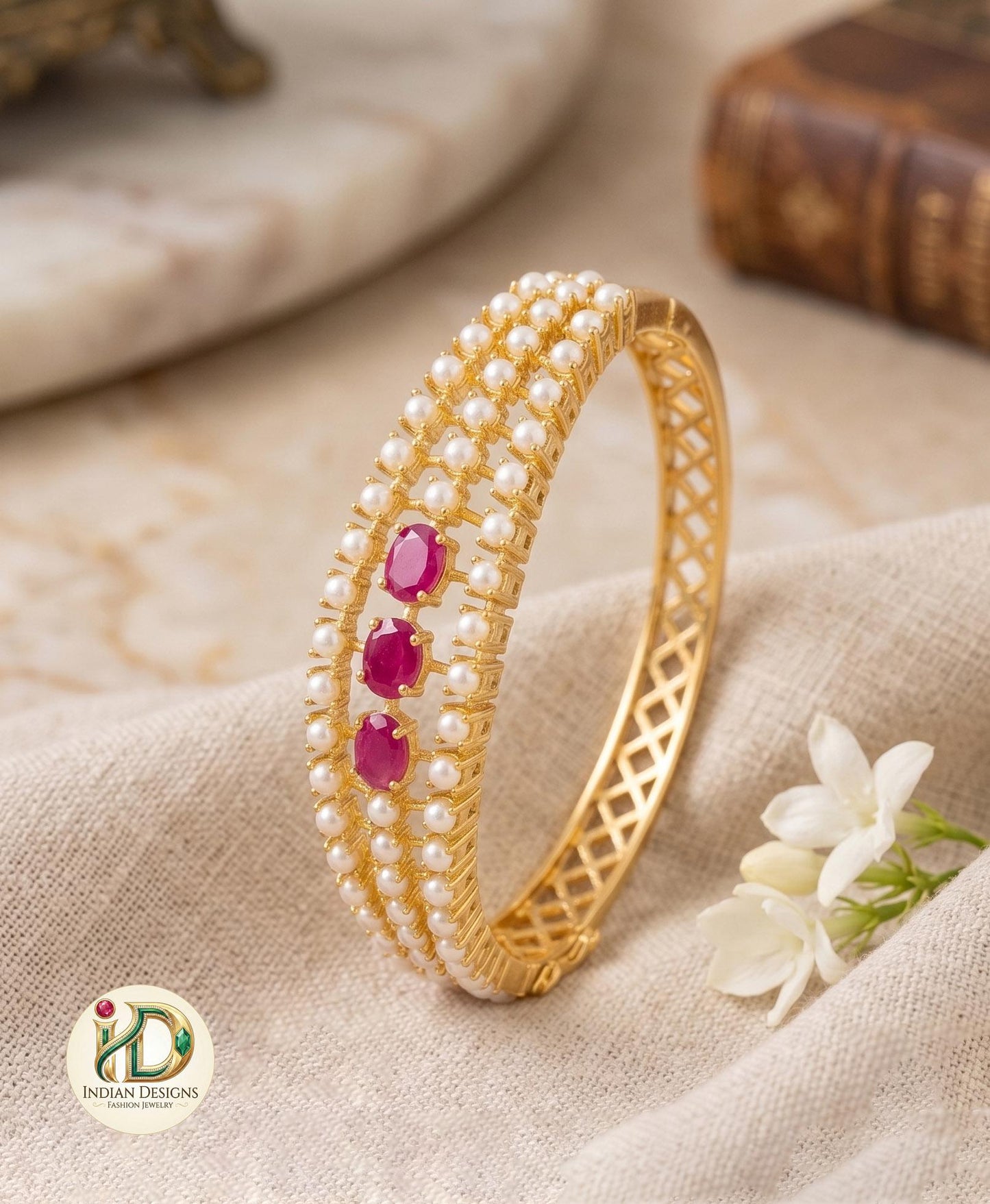 22k Gold Plated Kada Bangle| Emerald, Ruby, Pearl & Navaratna Stone Bracelet| Ethnic Brida Wear| Adjustable Openable Bangle| Gift for Her