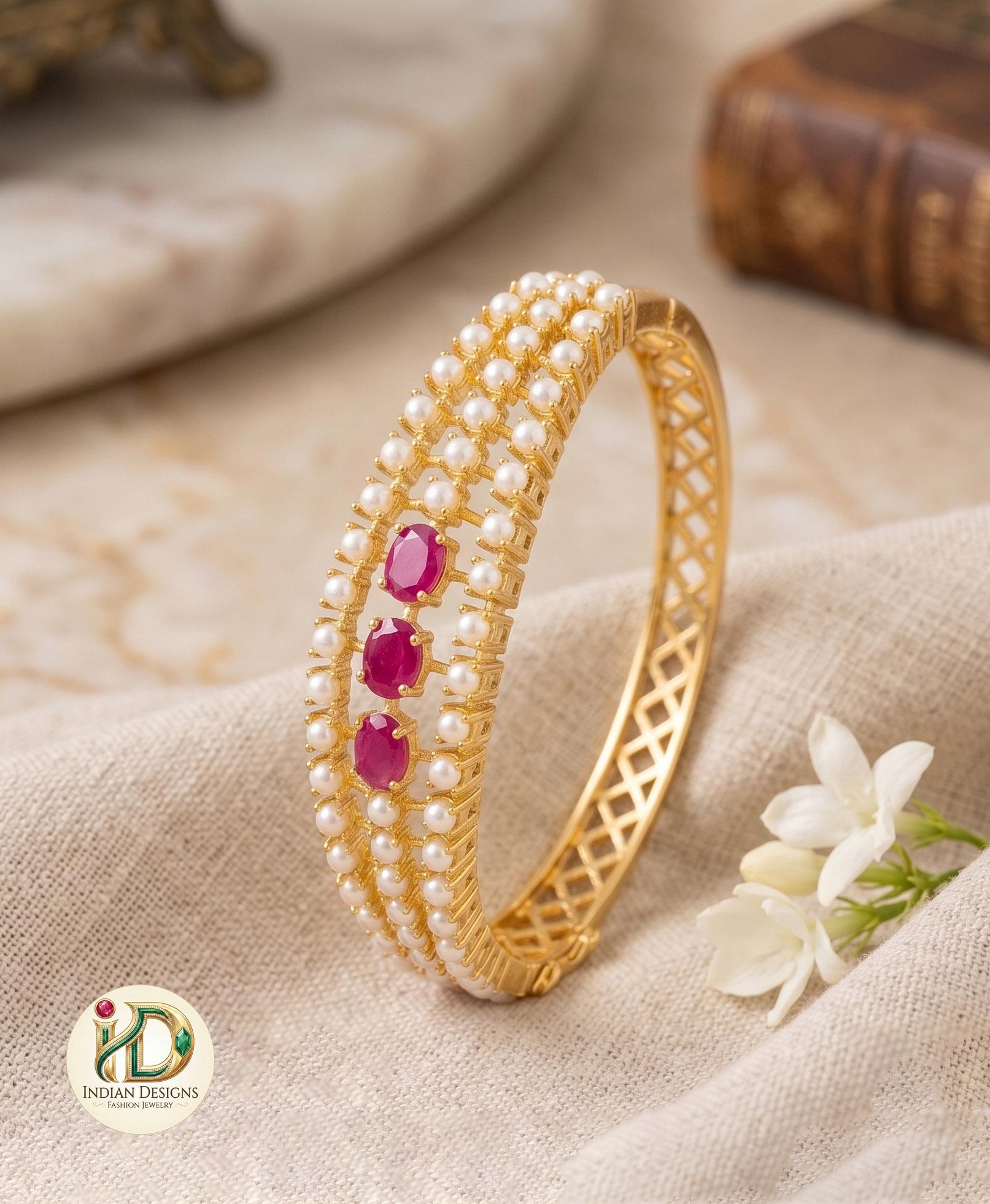 22k Gold Plated Kada Bangle| Emerald, Ruby, Pearl & Navaratna Stone Bracelet| Ethnic Brida Wear| Adjustable Openable Bangle| Gift for Her