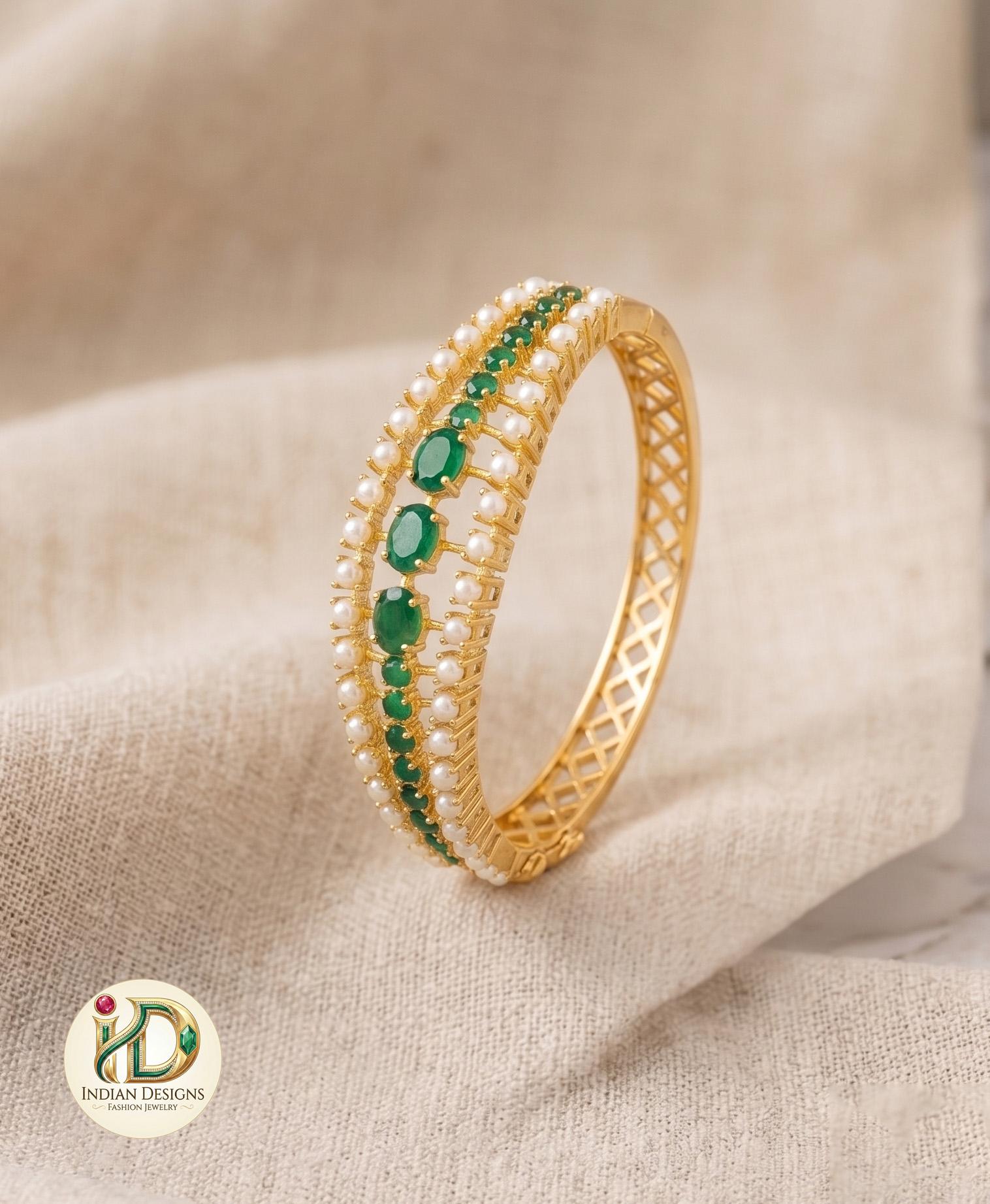 22k Gold Plated Kada Bangle| Emerald, Ruby, Pearl & Navaratna Stone Bracelet| Ethnic Brida Wear| Adjustable Openable Bangle| Gift for Her