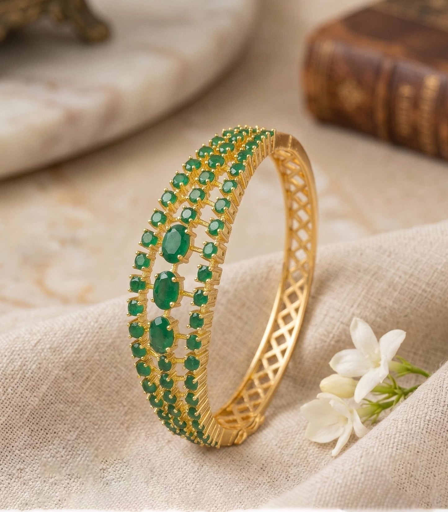 22k Gold Plated Kada Bangle| Emerald, Ruby, Pearl & Navaratna Stone Bracelet| Ethnic Brida Wear| Adjustable Openable Bangle| Gift for Her