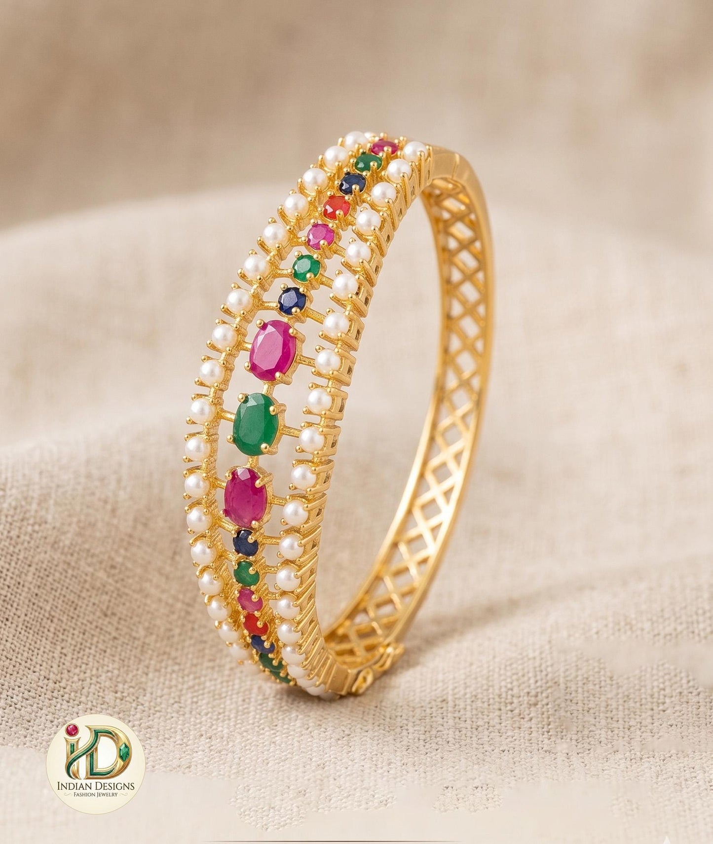22k Gold Plated Kada Bangle| Emerald, Ruby, Pearl & Navaratna Stone Bracelet| Ethnic Brida Wear| Adjustable Openable Bangle| Gift for Her