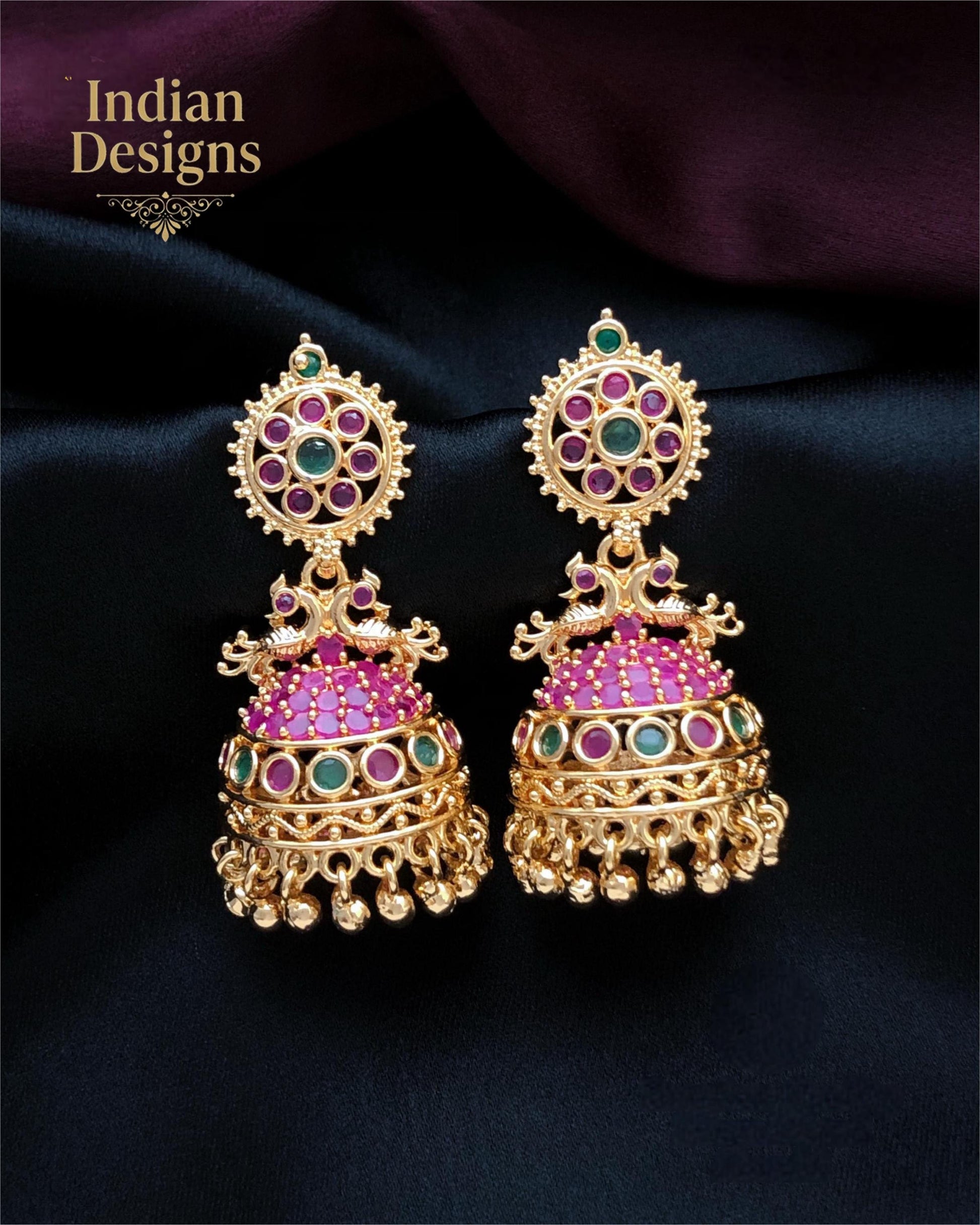 Traditional Peacock Jhumka Earrings| Gold Plated Indian Earrings with Ruby, Emerald & CZ Stones| Statement Jhumkas for Weddings|Gift for Her